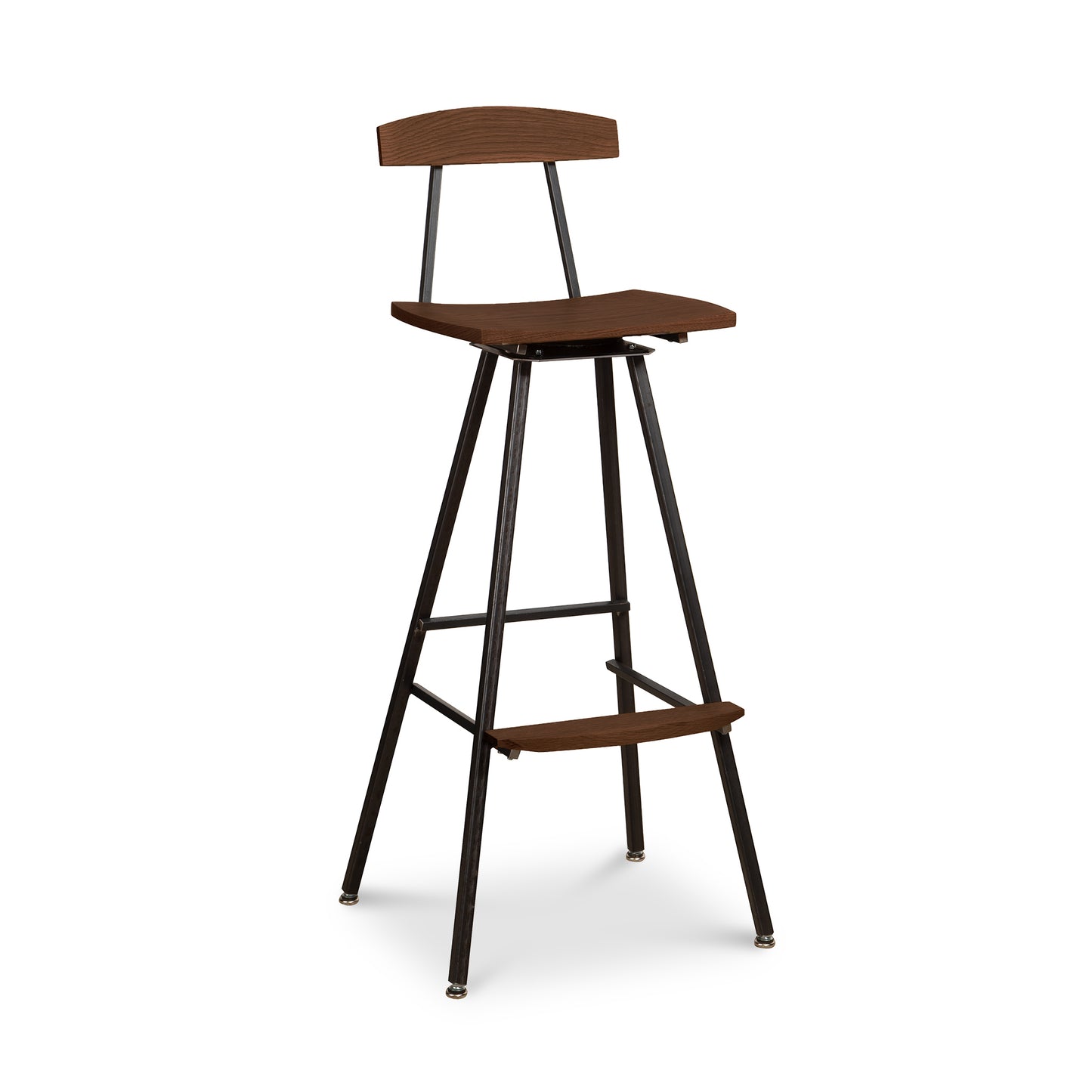 Modern Industrial Stool with Back by Vermont Woods Studios showcasing a tall wooden seat, backrest, footrest, and sturdy black metal legs.