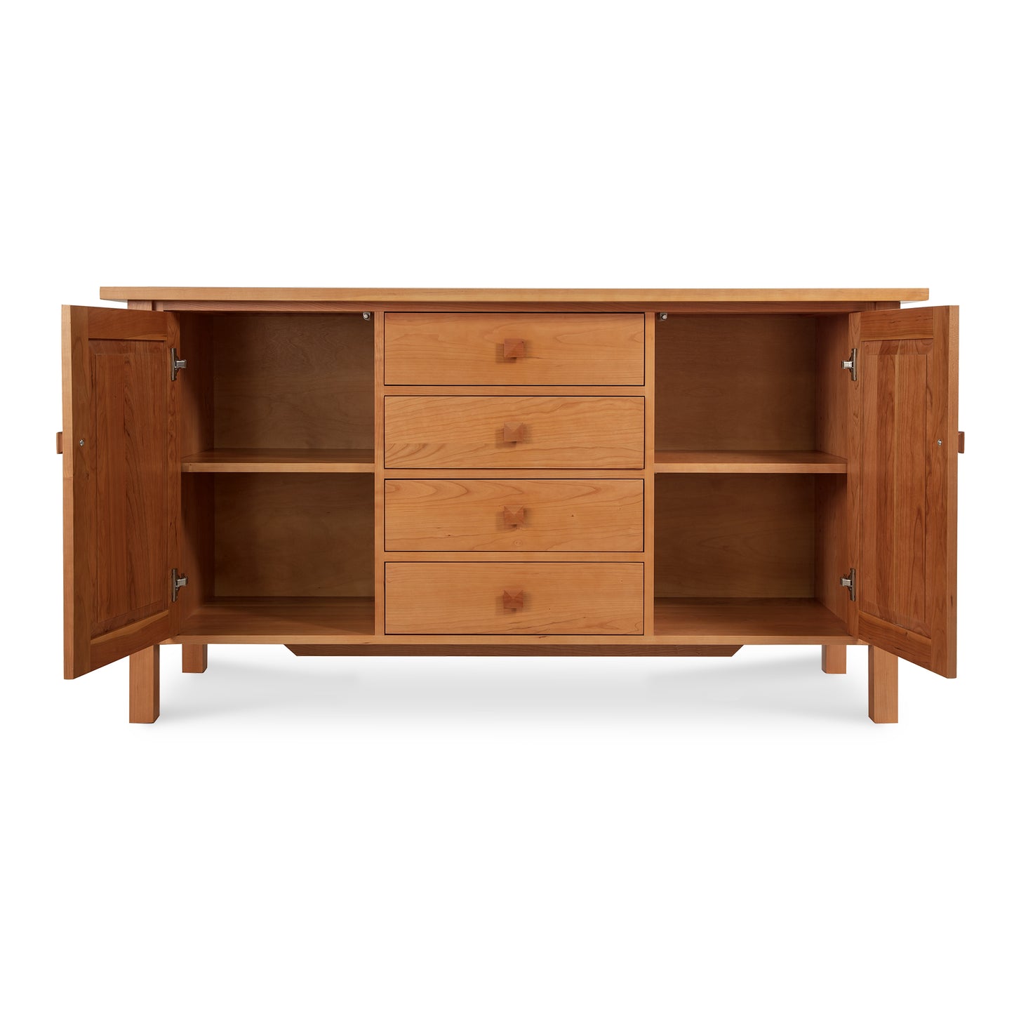 Lyndon Furniture Modern Mission Sideboard featuring two open doors, three central drawers, and side shelves in a handcrafted wood design.