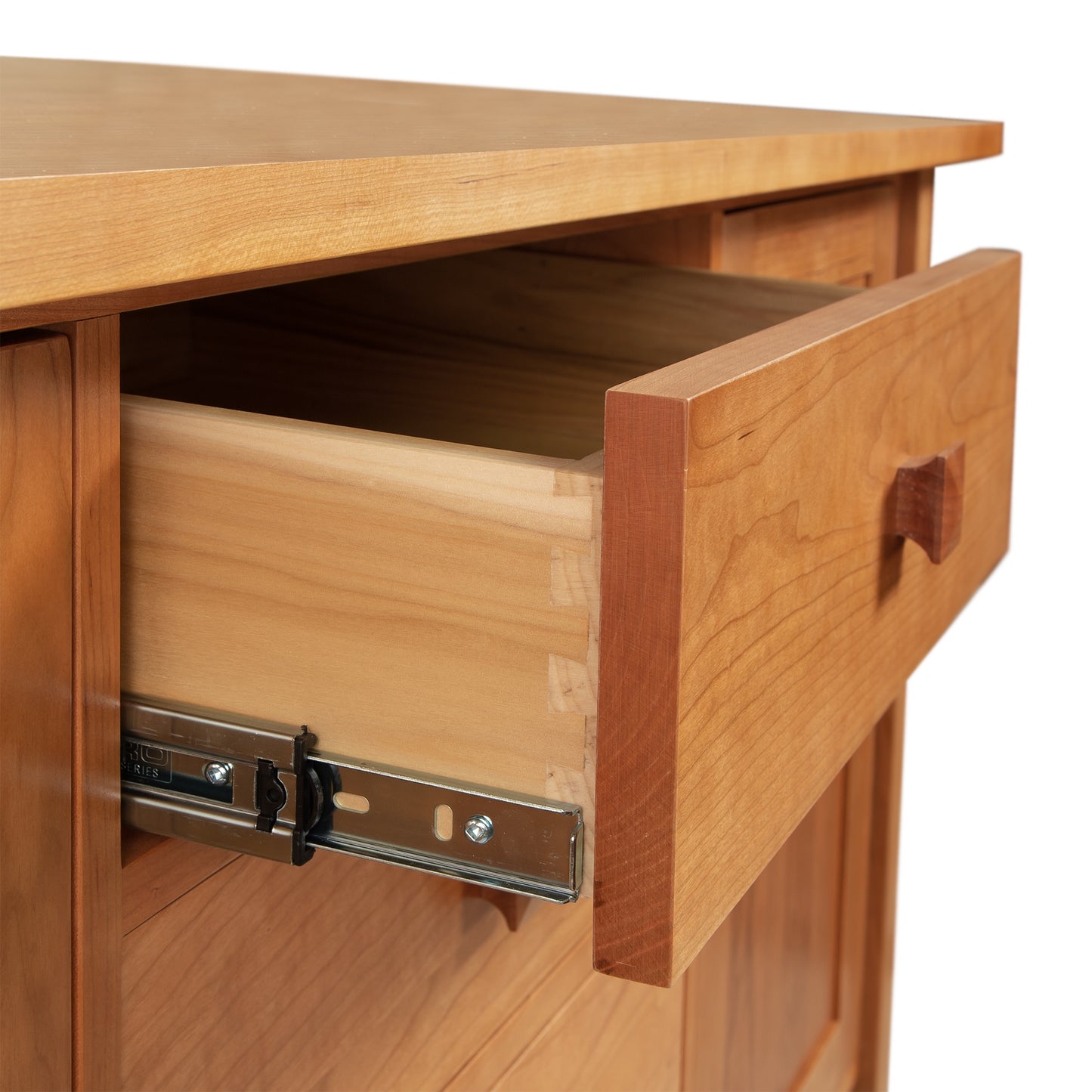 Lyndon Furniture Modern Mission Sideboard drawer with metal sliding mechanism, showcasing fine craftsmanship and smooth functionality.