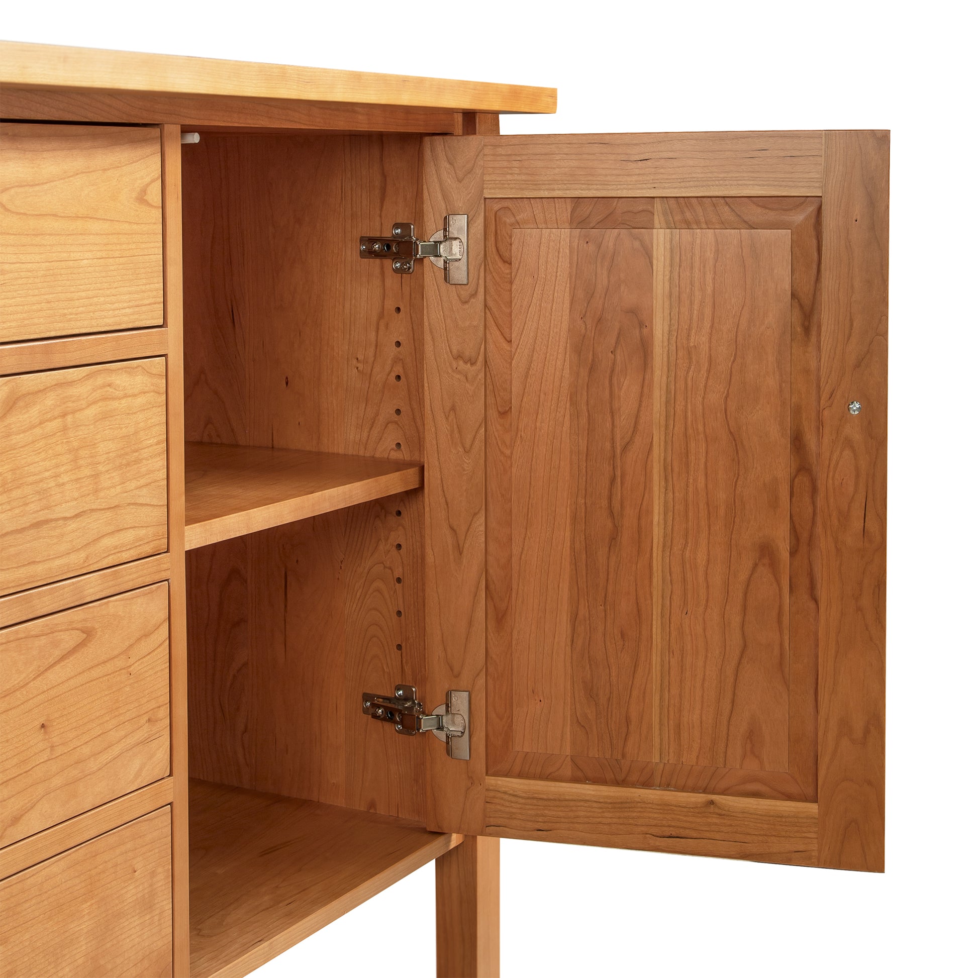 Lyndon Furniture Modern Mission Sideboard with open cabinets and drawers, showcasing handcrafted American hardwood craftsmanship.