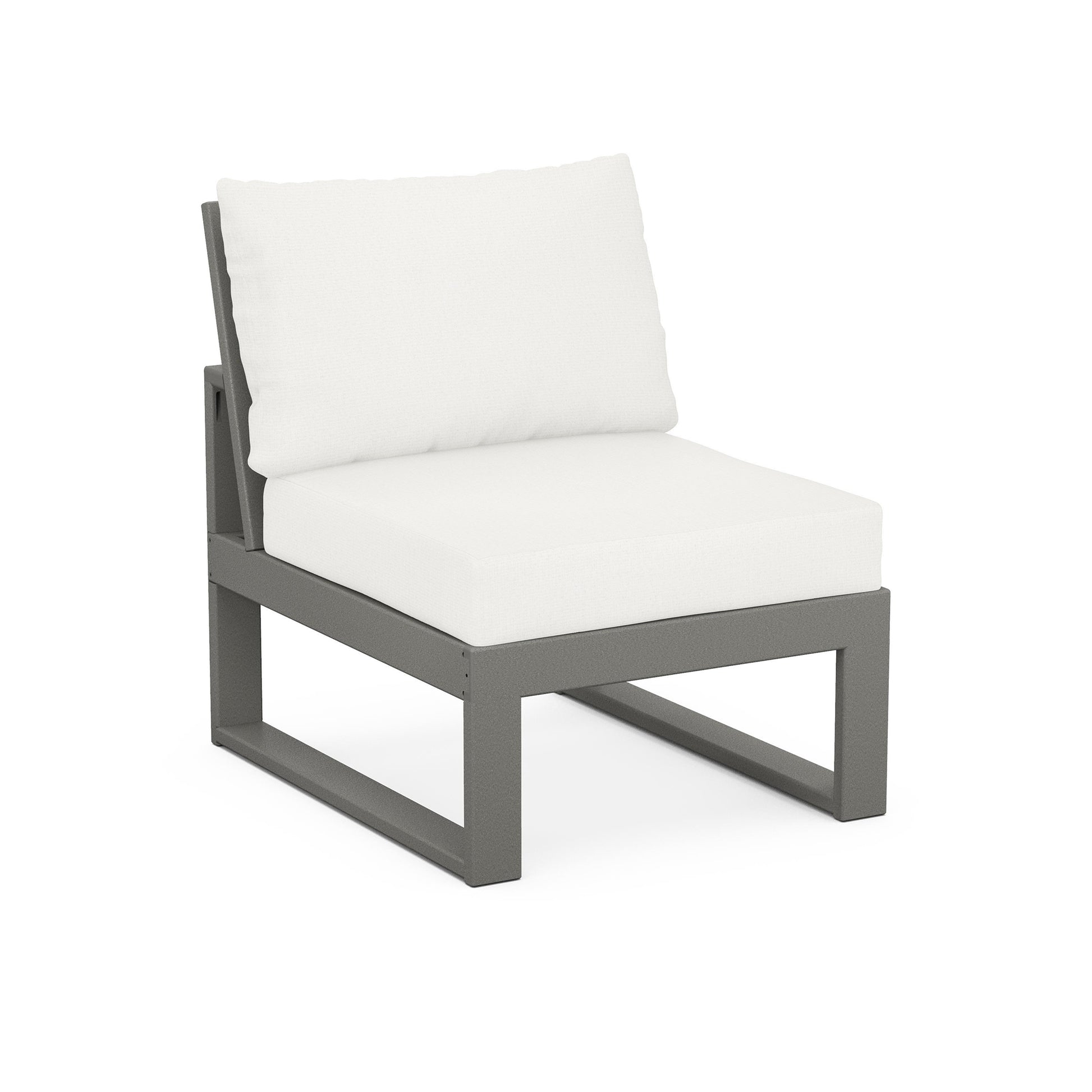 POLYWOOD Modular Armless Chair with dark gray metal frame and genuine POLYWOOD lumber, complemented by minimalist white cushions.