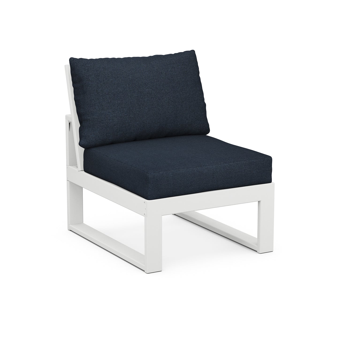 POLYWOOD Modular Armless Chair with white metal frame and dark blue cushions featuring a modern design.