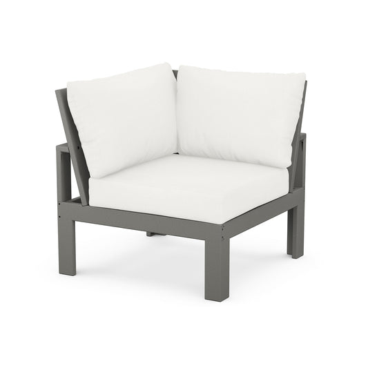 POLYWOOD Modular Corner Chair with gray metal frame and white cushions, part of the EDGE Modular Outdoor Furniture Collection.