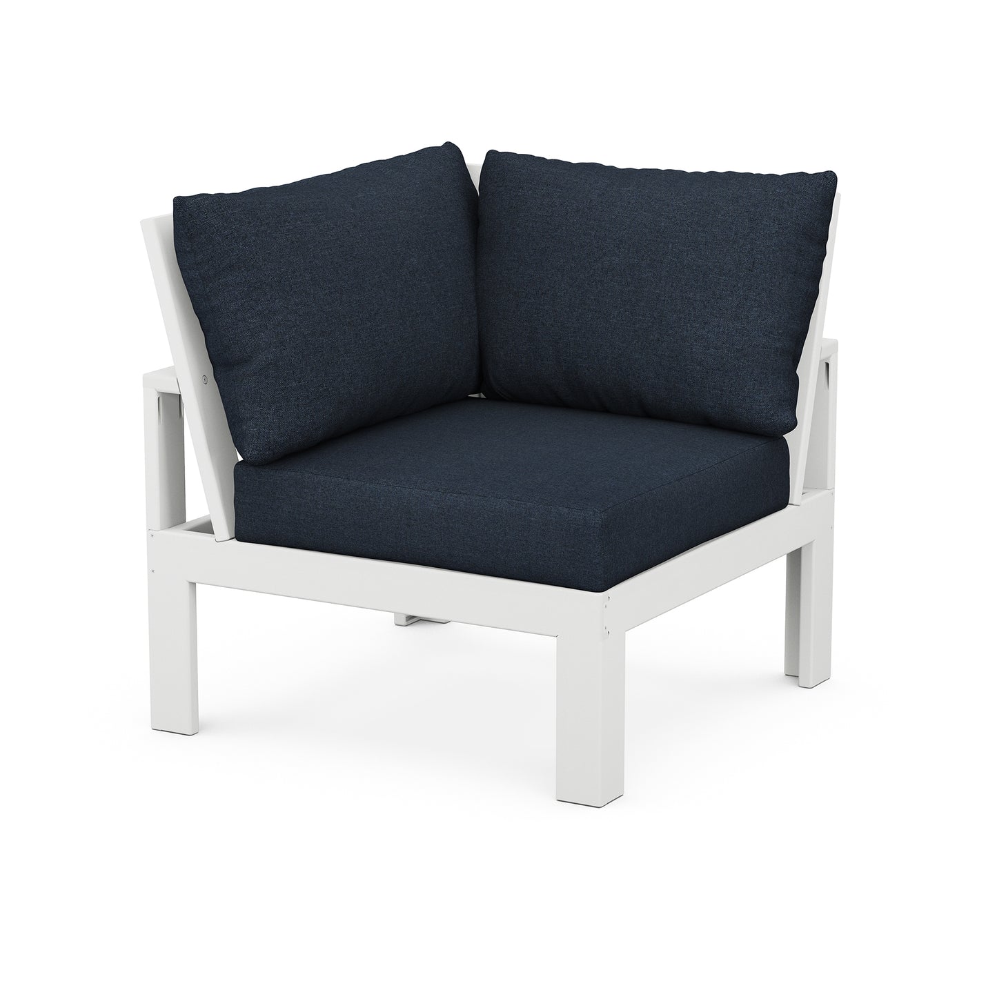 POLYWOOD Modular Corner Chair with a white frame and dark blue cushions, crafted from durable POLYWOOD® lumber for enduring outdoor elegance.