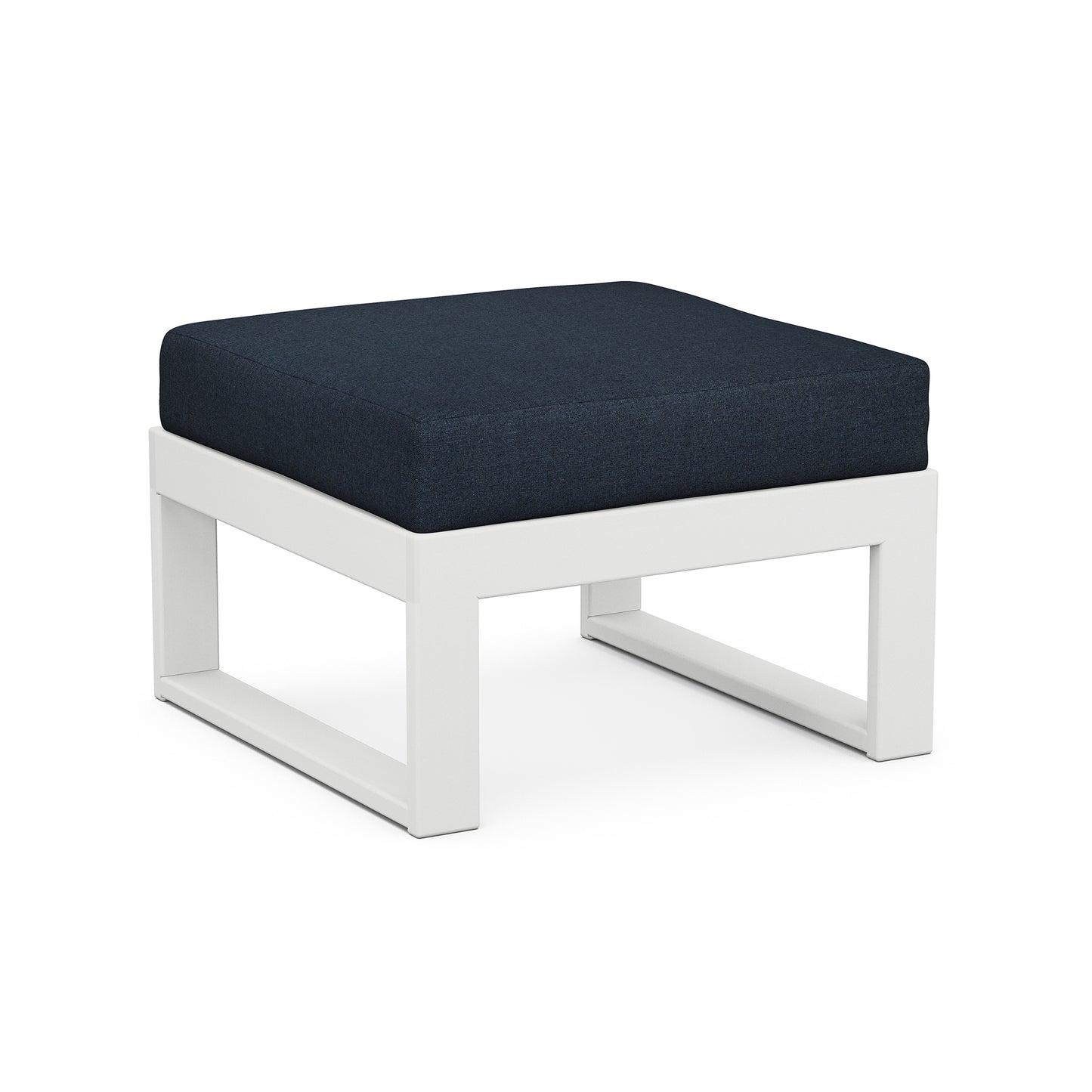 White-framed POLYWOOD Modular Ottoman with dark blue cushion for outdoor luxury.