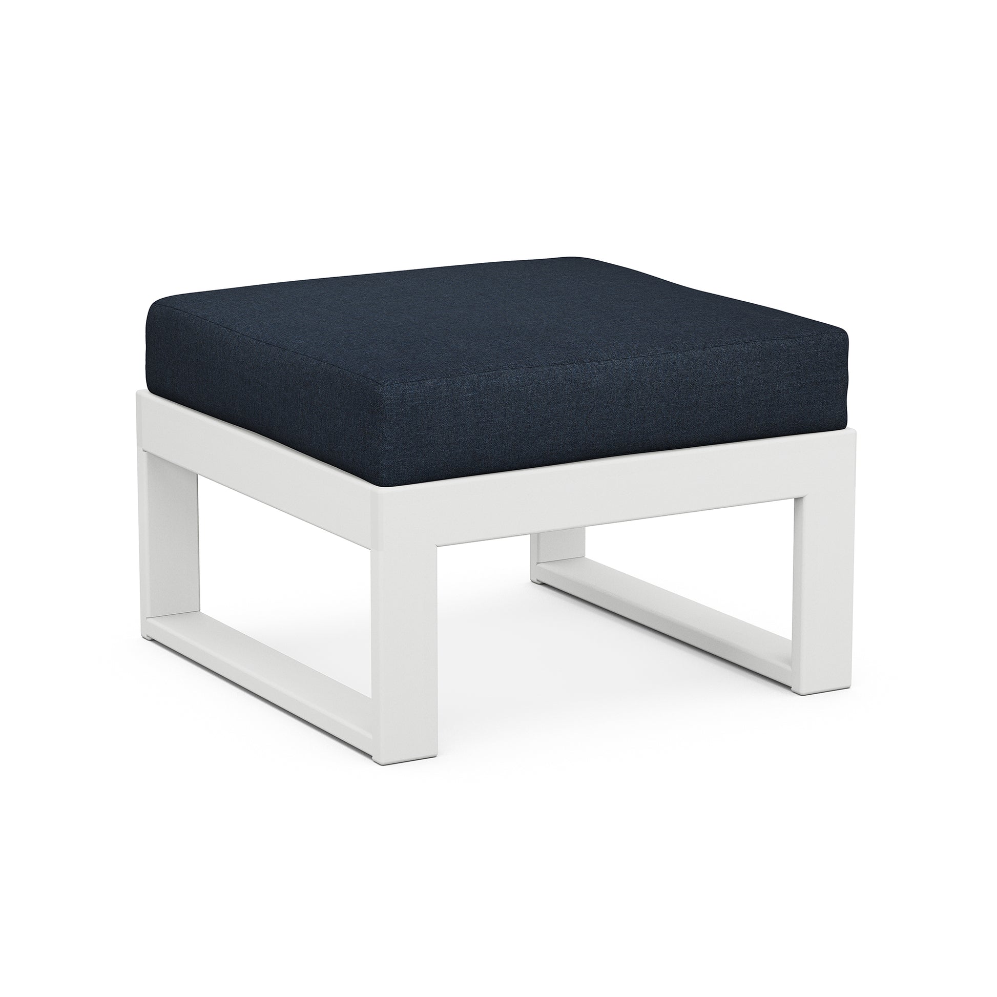 White-framed POLYWOOD Modular Ottoman with dark blue cushion for outdoor luxury.