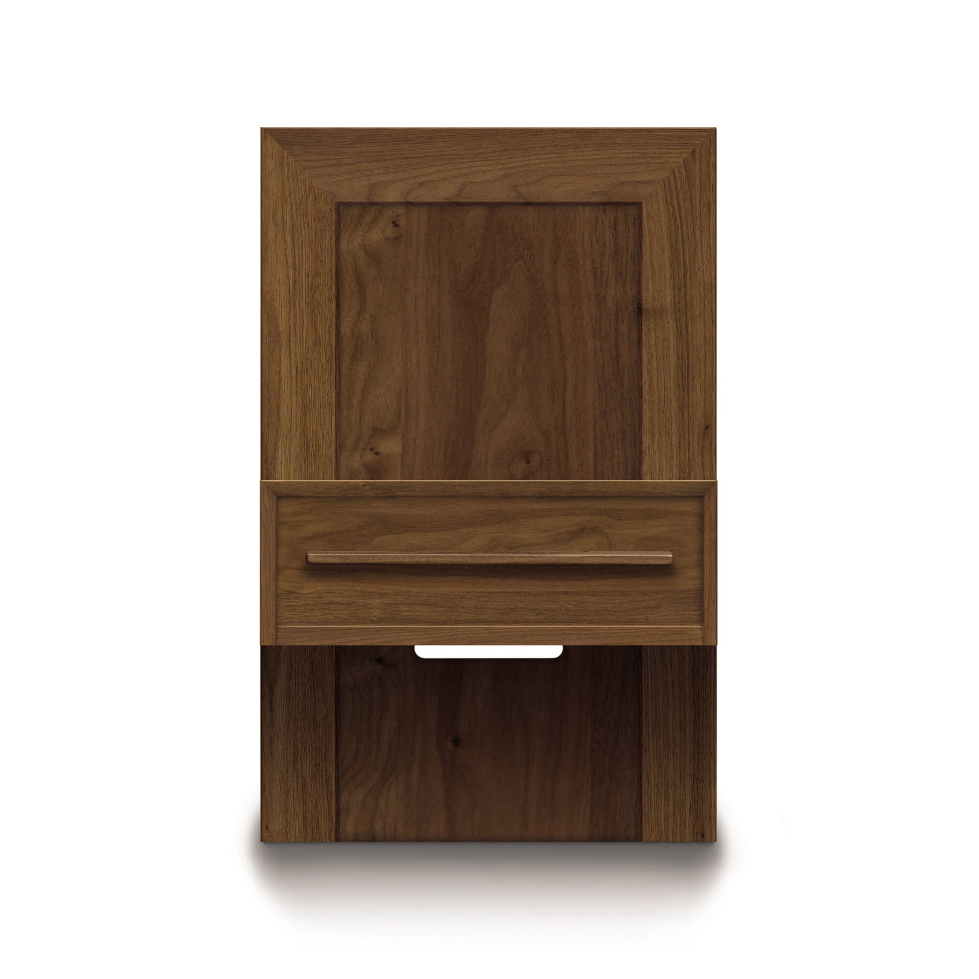Moduluxe Attached Nightstand by Copeland Furniture in dark wood finish with integrated drawer and shelf.