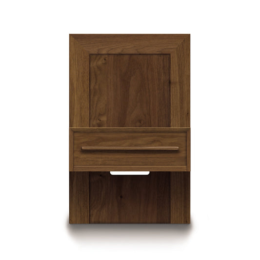 Moduluxe Attached Nightstand by Copeland Furniture in dark wood finish with integrated drawer and shelf.
