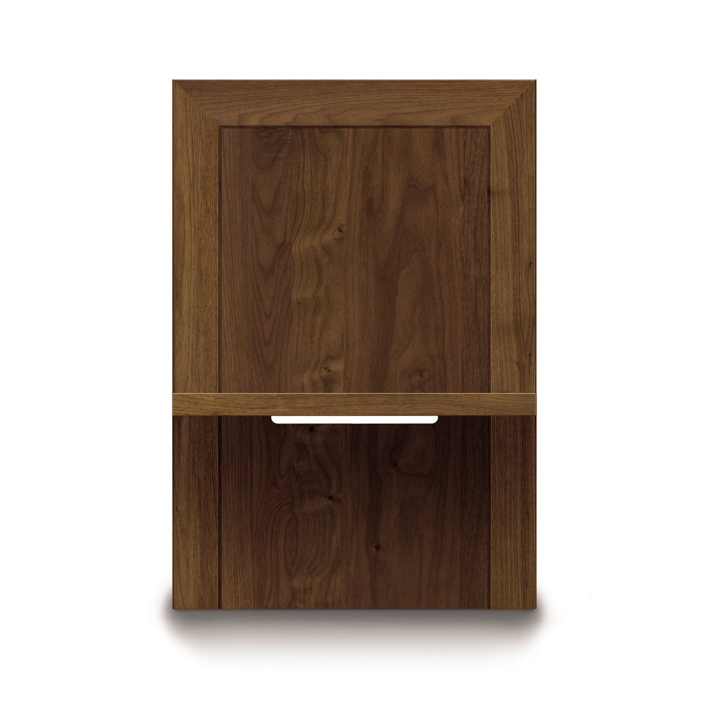 Moduluxe Nightstand by Copeland Furniture with a walnut finish, silver handle, and recessed panel design.