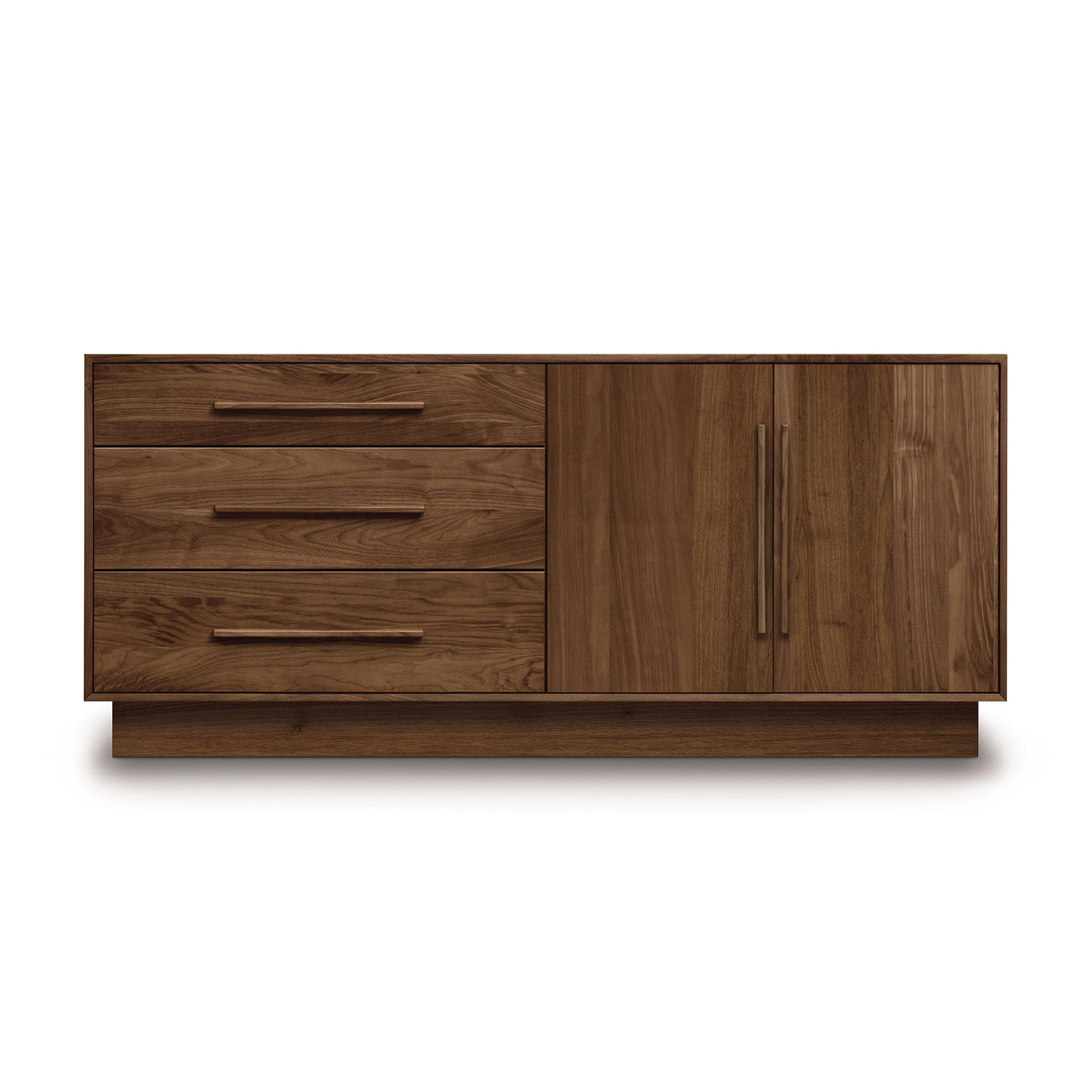 A modern wooden Copeland Furniture Moduluxe 3-Drawer, 2-Door Dresser - 29" Series with a combination of drawers on the left and cabinet doors on the right against an isolated background.