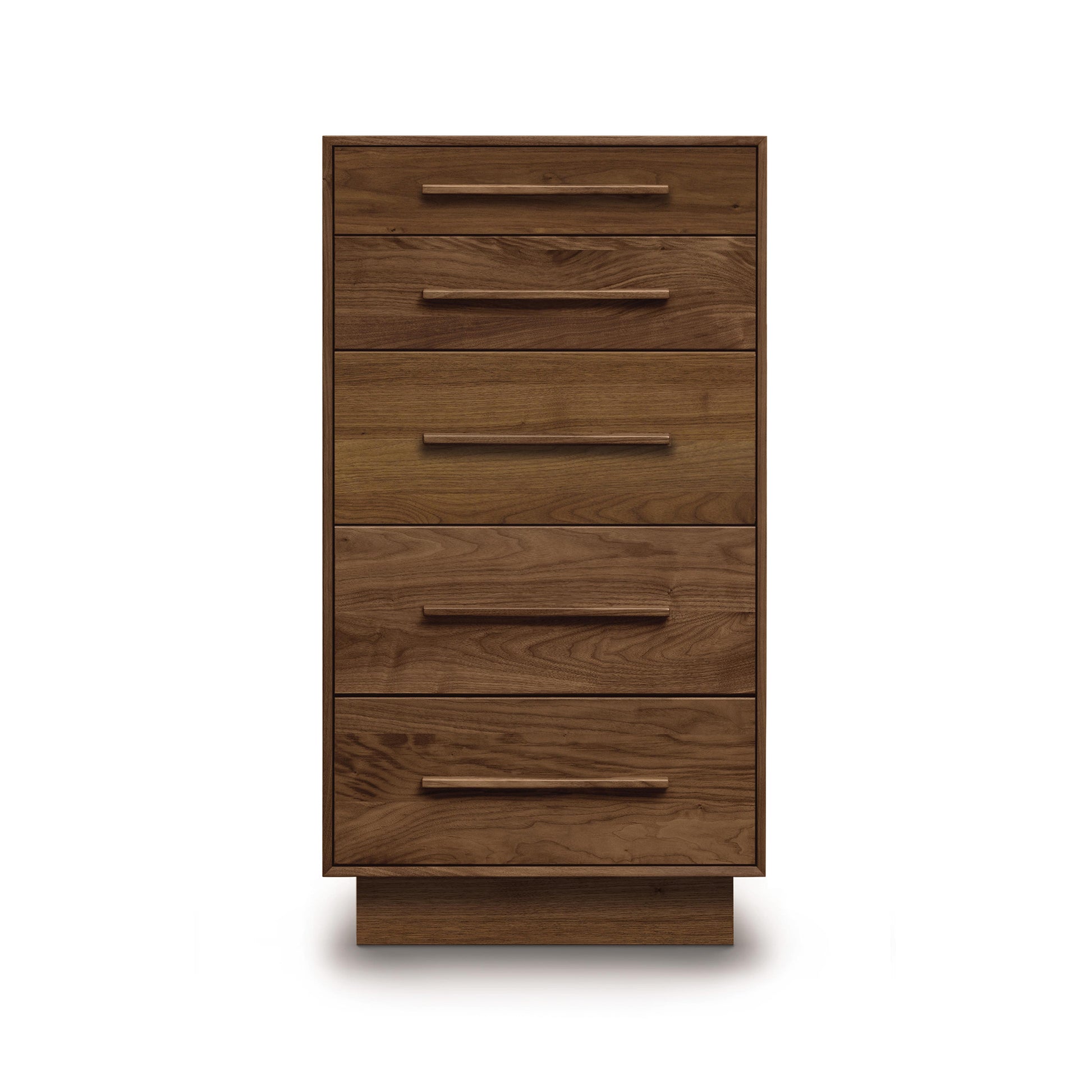 Copeland Furniture Moduluxe 5-Drawer Chest, solid wood with horizontal handles and rich brown wood grain finish.
