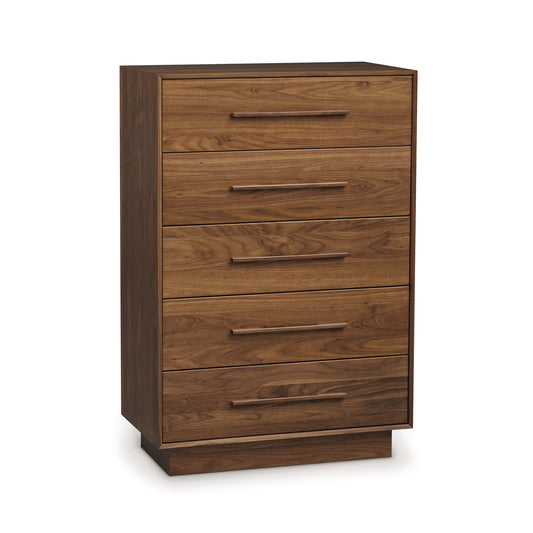 A Moduluxe 5-Drawer Wide Chest by Copeland Furniture with metal handles on a white background.