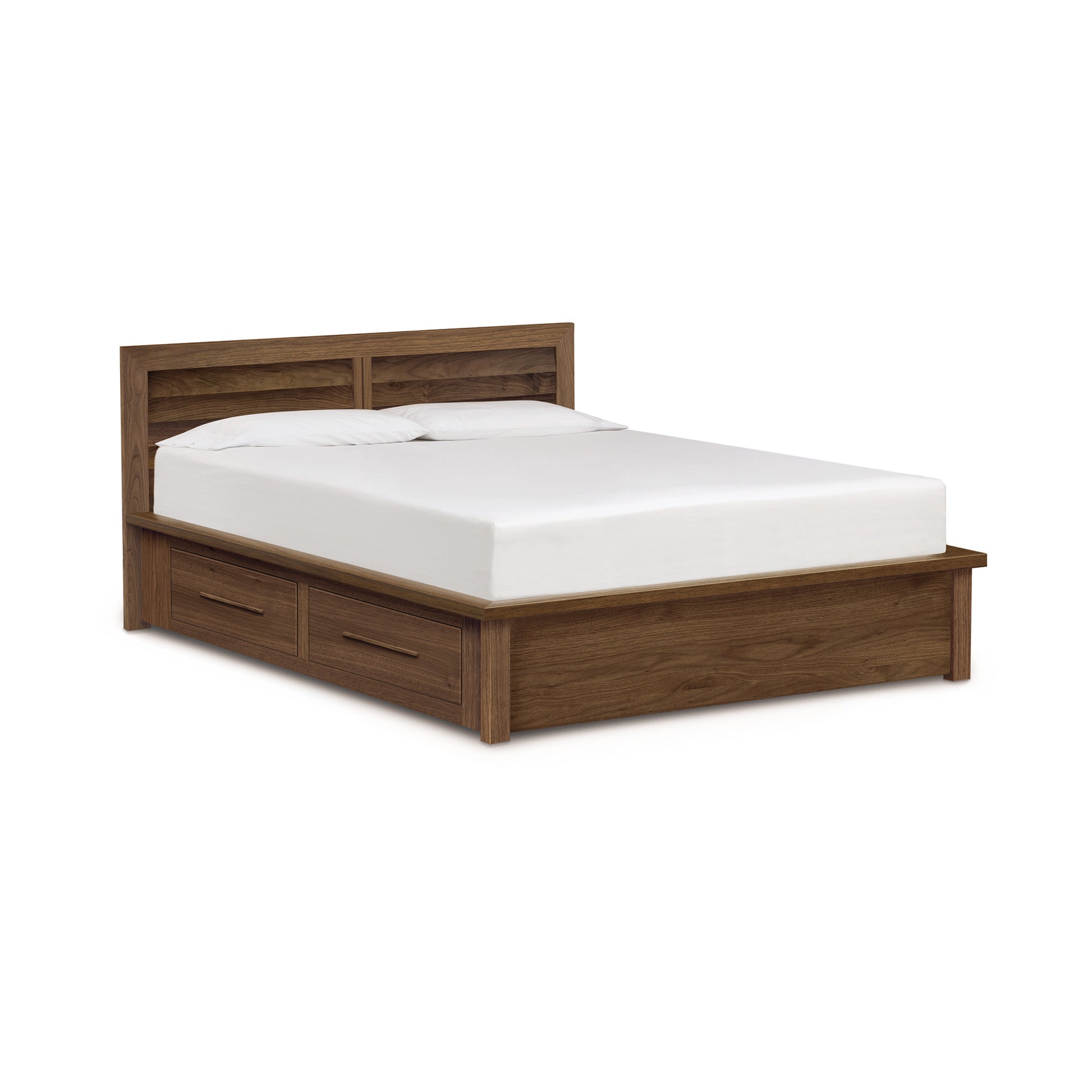 A wooden queen-sized Copeland Furniture Moduluxe Storage Bed with Clapboard Headboard - 35" Series and a white mattress and built-in storage drawers, isolated on a white background.