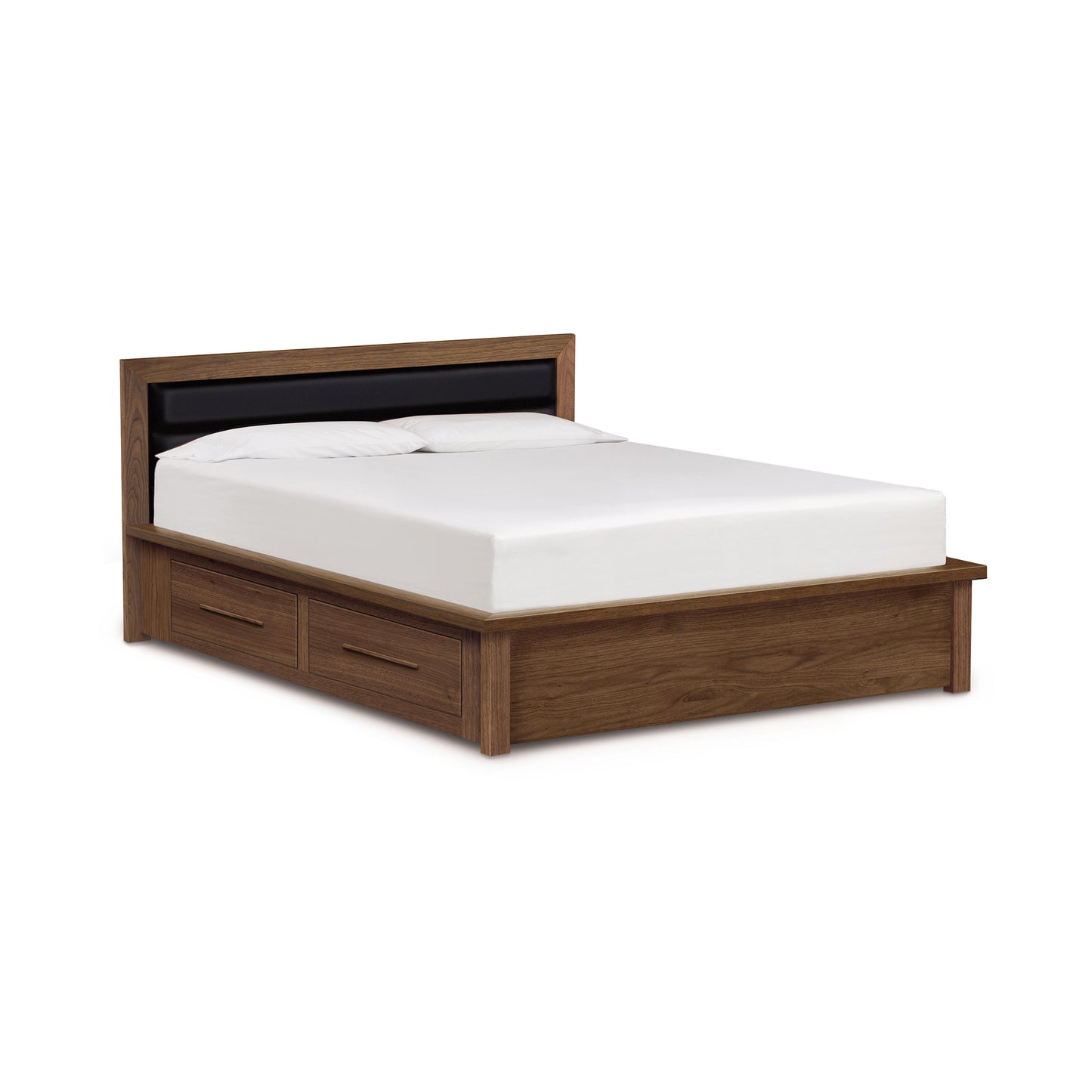 Copeland Moduluxe Storage Bed with Upholstered Headboard featuring 35" height and two side storage drawers, handcrafted in eco-friendly wood with white bedding.
