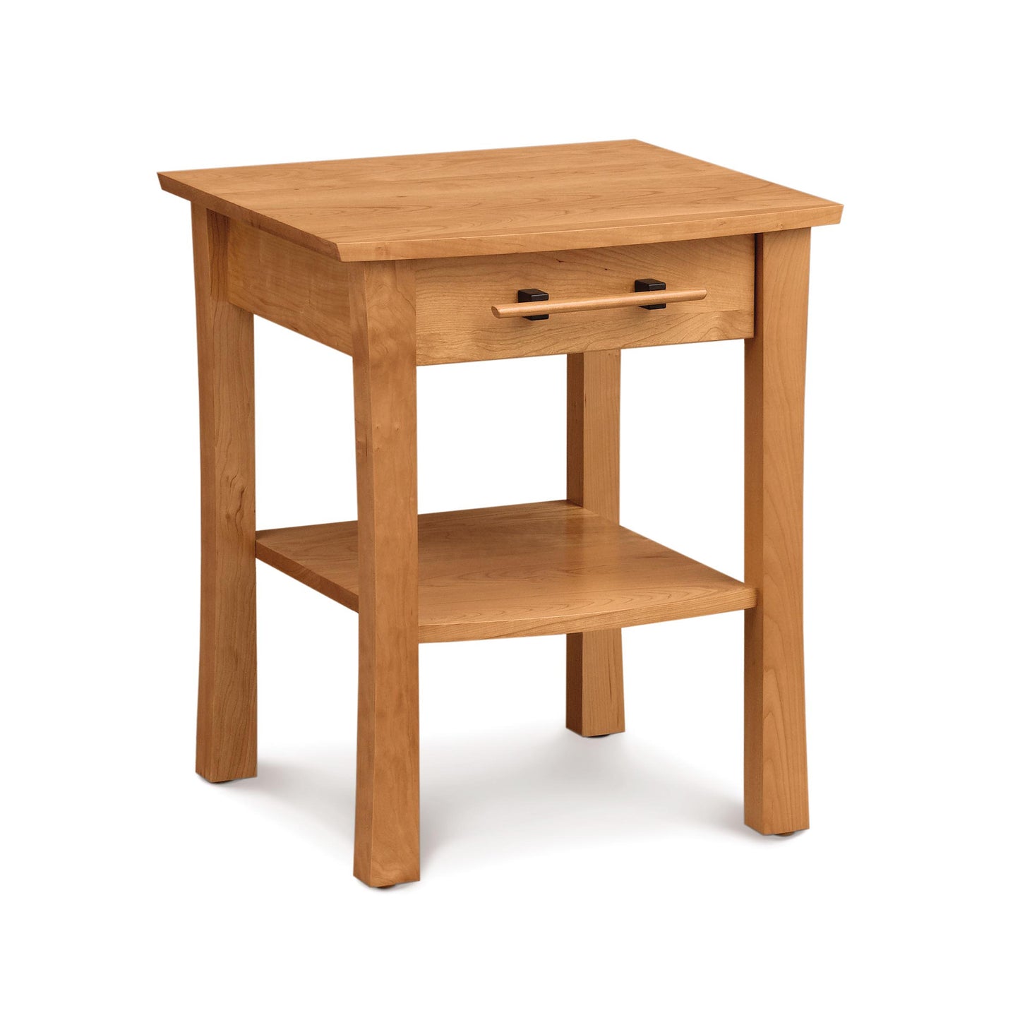 Monterey 1-Drawer Nightstand by Copeland Furniture, crafted from solid wood with two sleek black handles and an elegant lower shelf.
