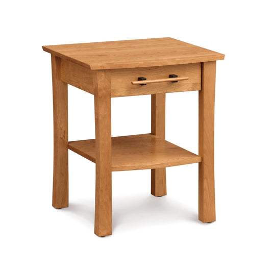 Monterey 1-Drawer Nightstand by Copeland Furniture, crafted from solid wood with two sleek black handles and an elegant lower shelf.