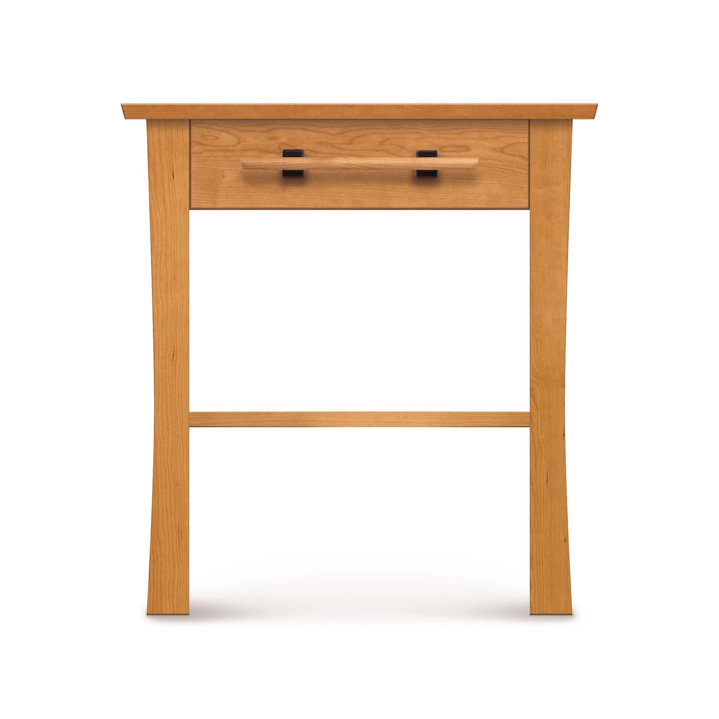 Copeland Furniture Monterey nightstand in solid cherry wood with black handles and slightly curved legs.