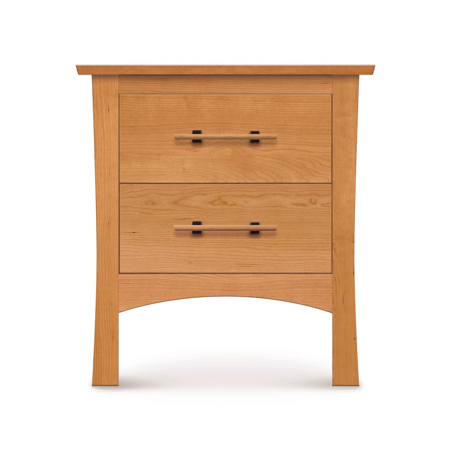 Solid cherry wood Monterey Nightstand by Copeland Furniture with two drawers, black handles, flat top, and gracefully curved legs.