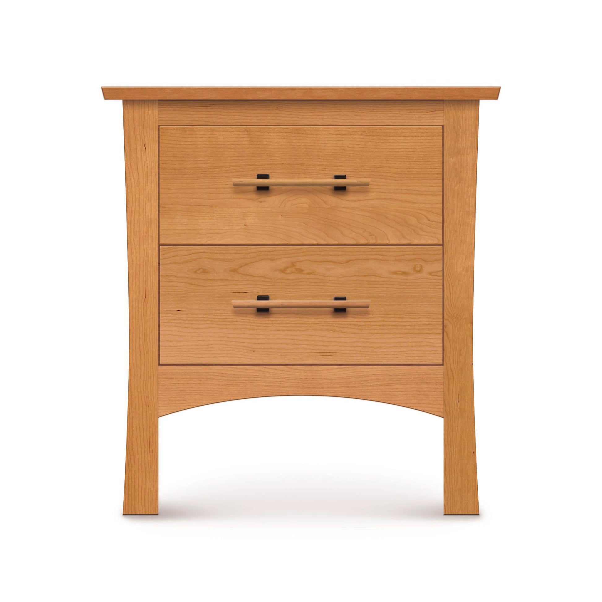 Solid cherry wood Monterey Nightstand by Copeland Furniture with two drawers, black handles, flat top, and gracefully curved legs.