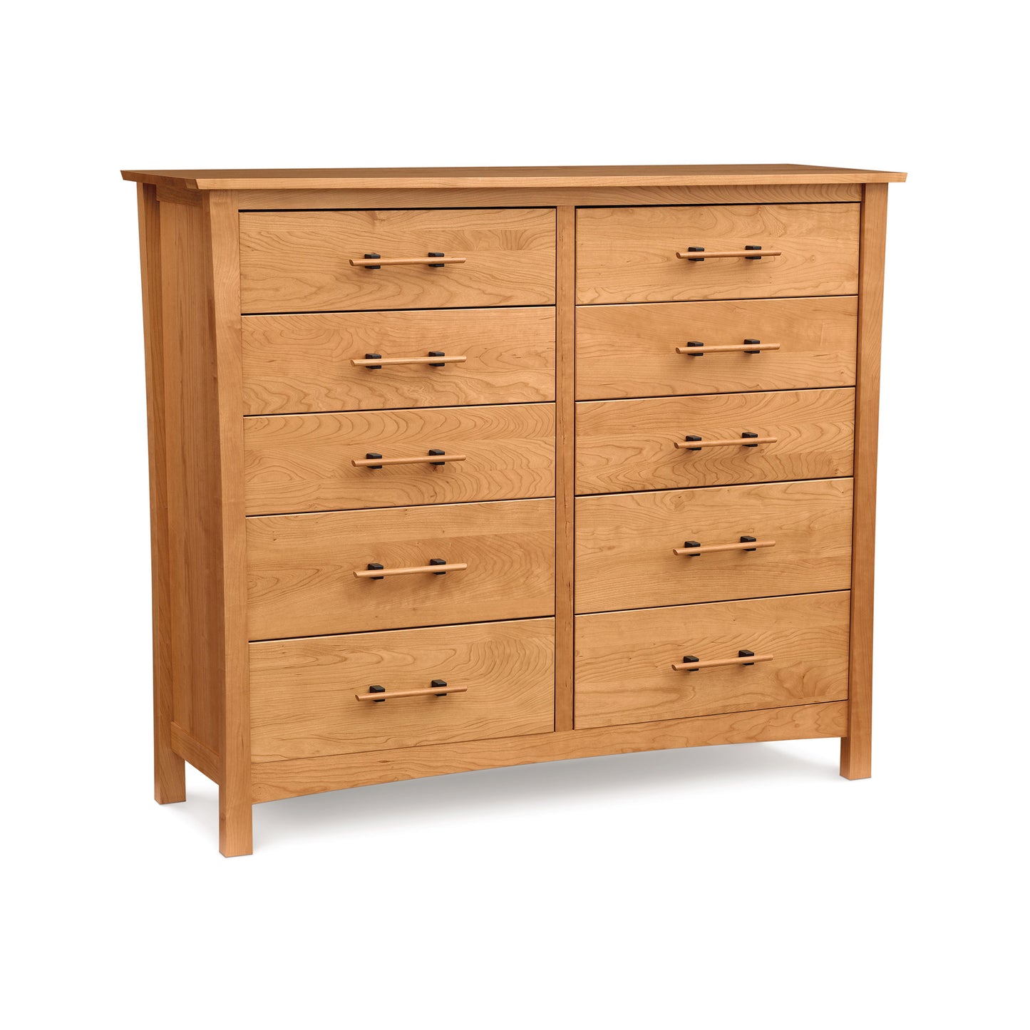 A Copeland Furniture Monterey 10-Drawer Dresser made of cherry wood, featuring metal handles and a simple, sturdy design.