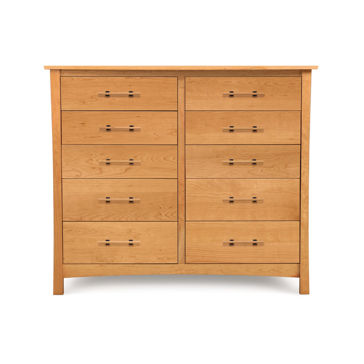 Monterey 10-Drawer Dresser by Copeland Furniture crafted from eco-friendly cherry wood, with five drawers on each side, featuring simple handles and a flat top, isolated against a white background.