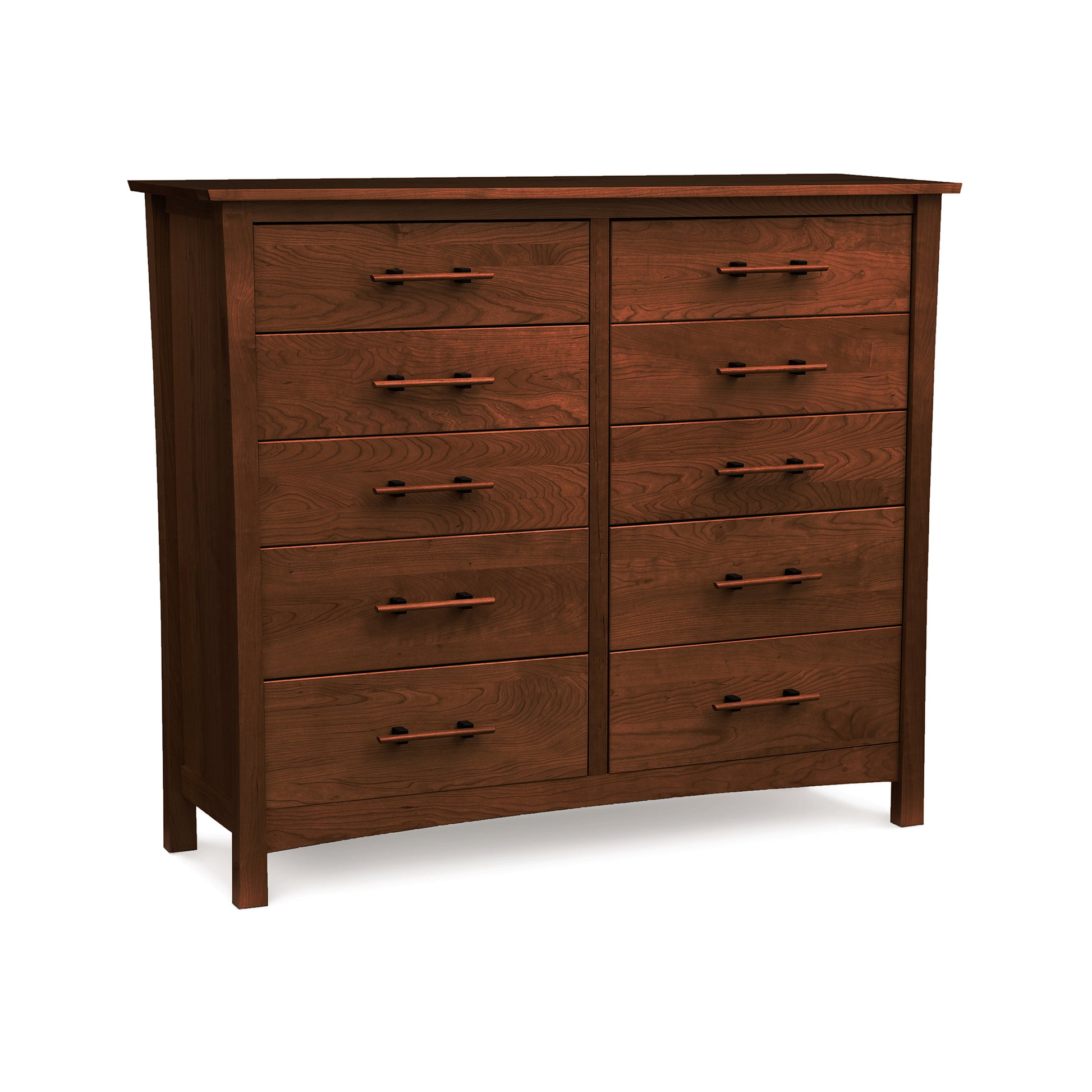 A cherry wood Copeland Furniture Monterey 10-Drawer Dresser with ten pull-out drawers arranged in two vertical columns.