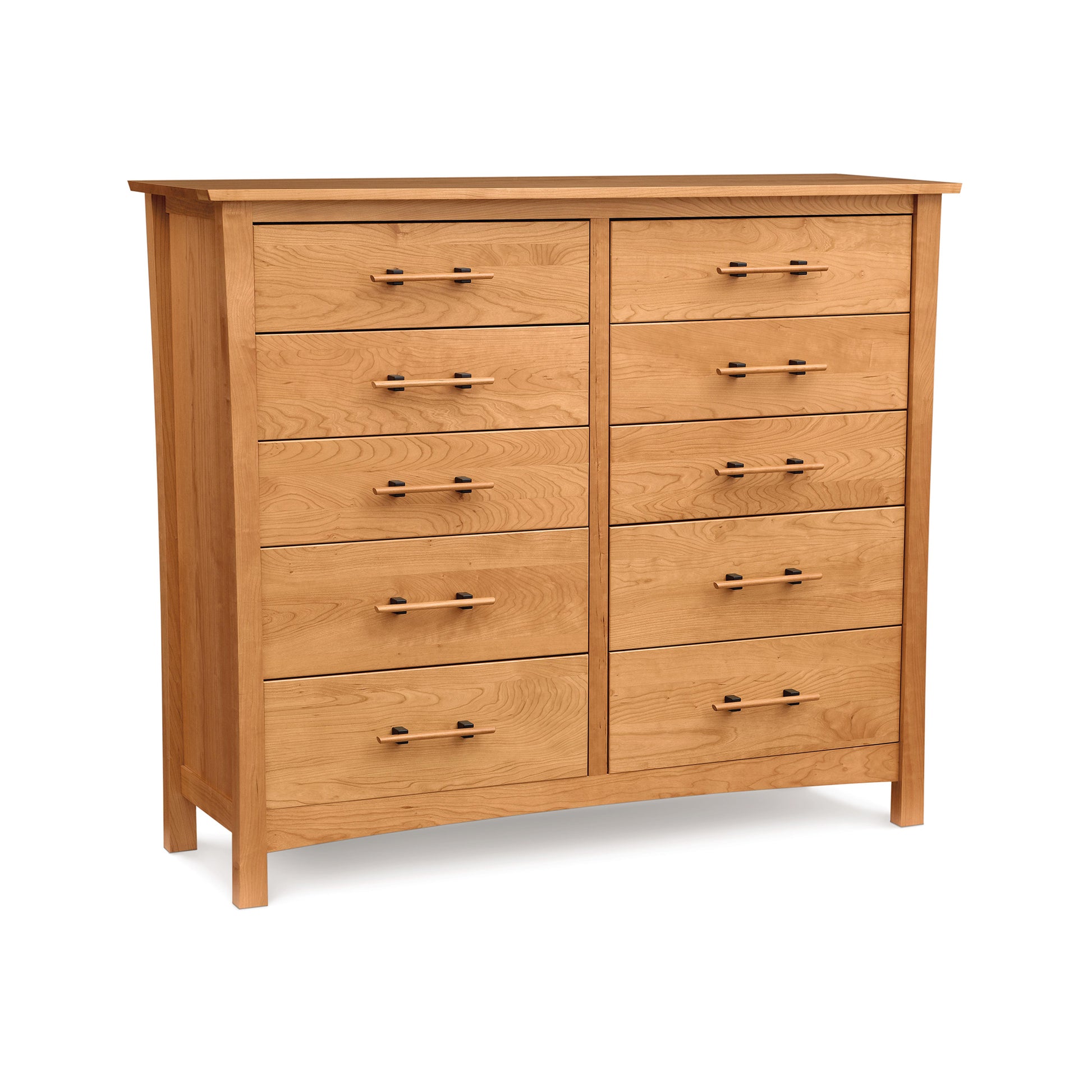 A Copeland Furniture Monterey 10-Drawer Dresser made of eco-friendly cherry wood with metal handles isolated on a white background.