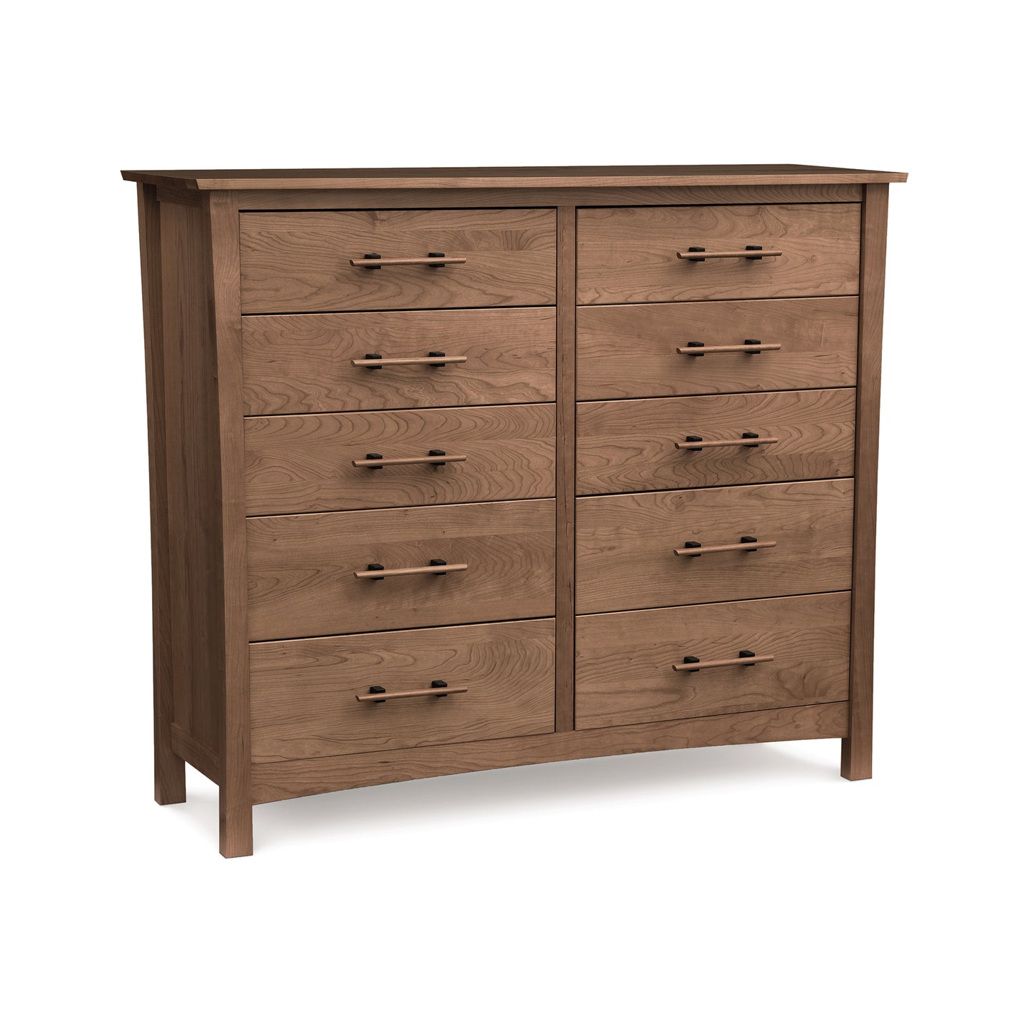 Luxury cherry wood 10-drawer Monterey dresser by Copeland Furniture with dark metal handles and short legs.