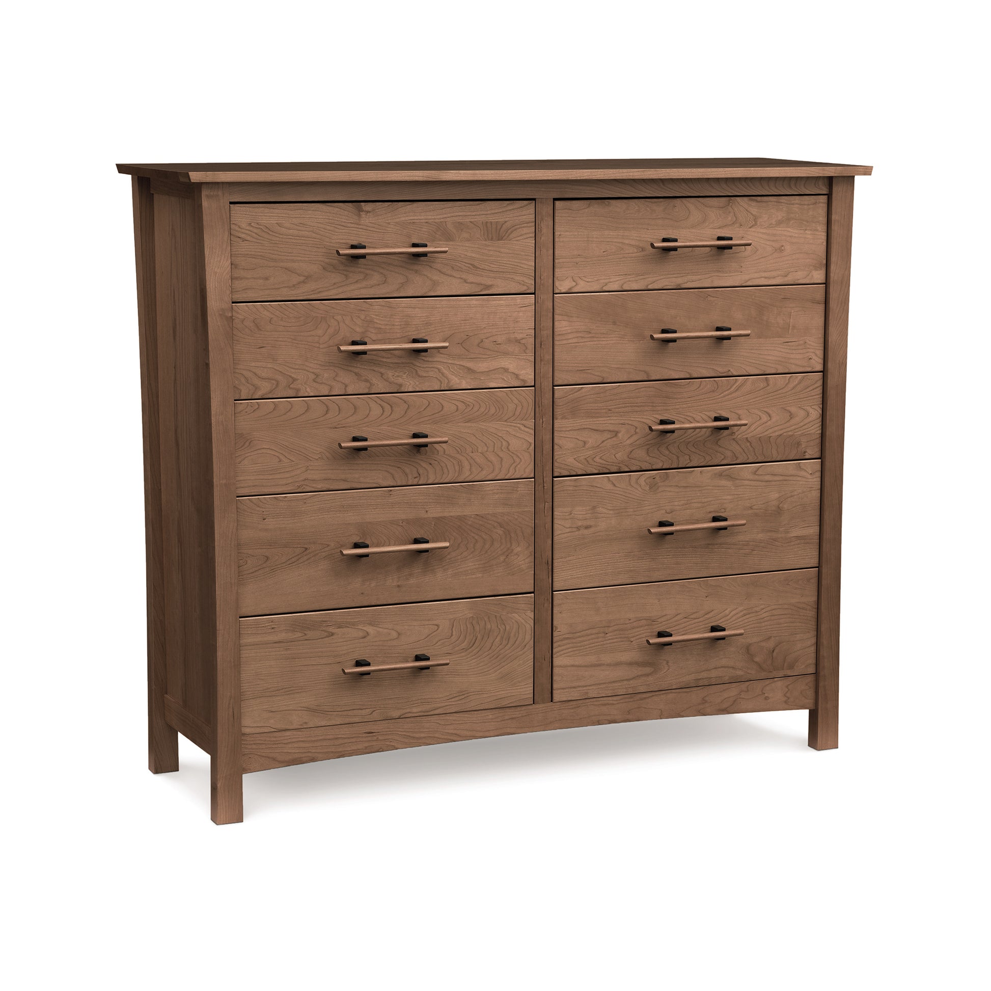 Luxury cherry wood 10-drawer Monterey dresser by Copeland Furniture with dark metal handles and short legs.