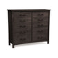 A dark brown cherry wood Monterey 10-Drawer Dresser from Copeland Furniture with six drawers, featuring round metal handles, against a white background.