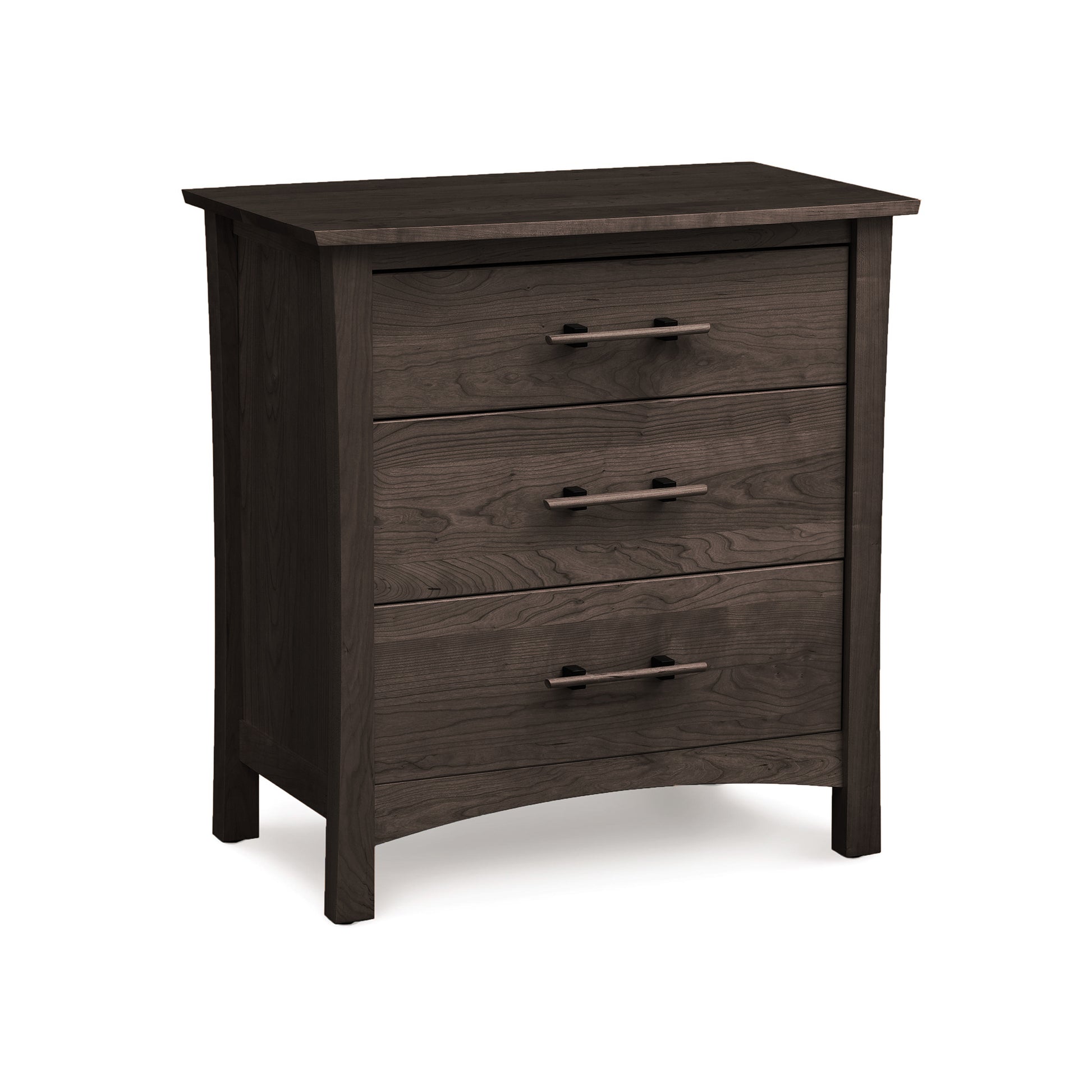 Monterey 3-Drawer Chest in dark cherry by Copeland, featuring three drawers with dual handles and four sturdy legs.