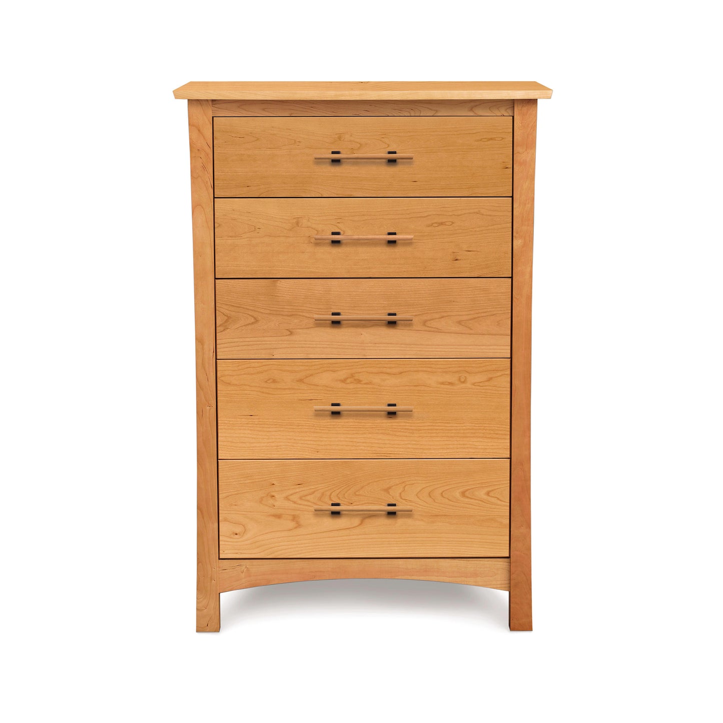 Monterey 5-Drawer Chest by Copeland Furniture featuring an eco-friendly design with metal handles and a gently curved front.