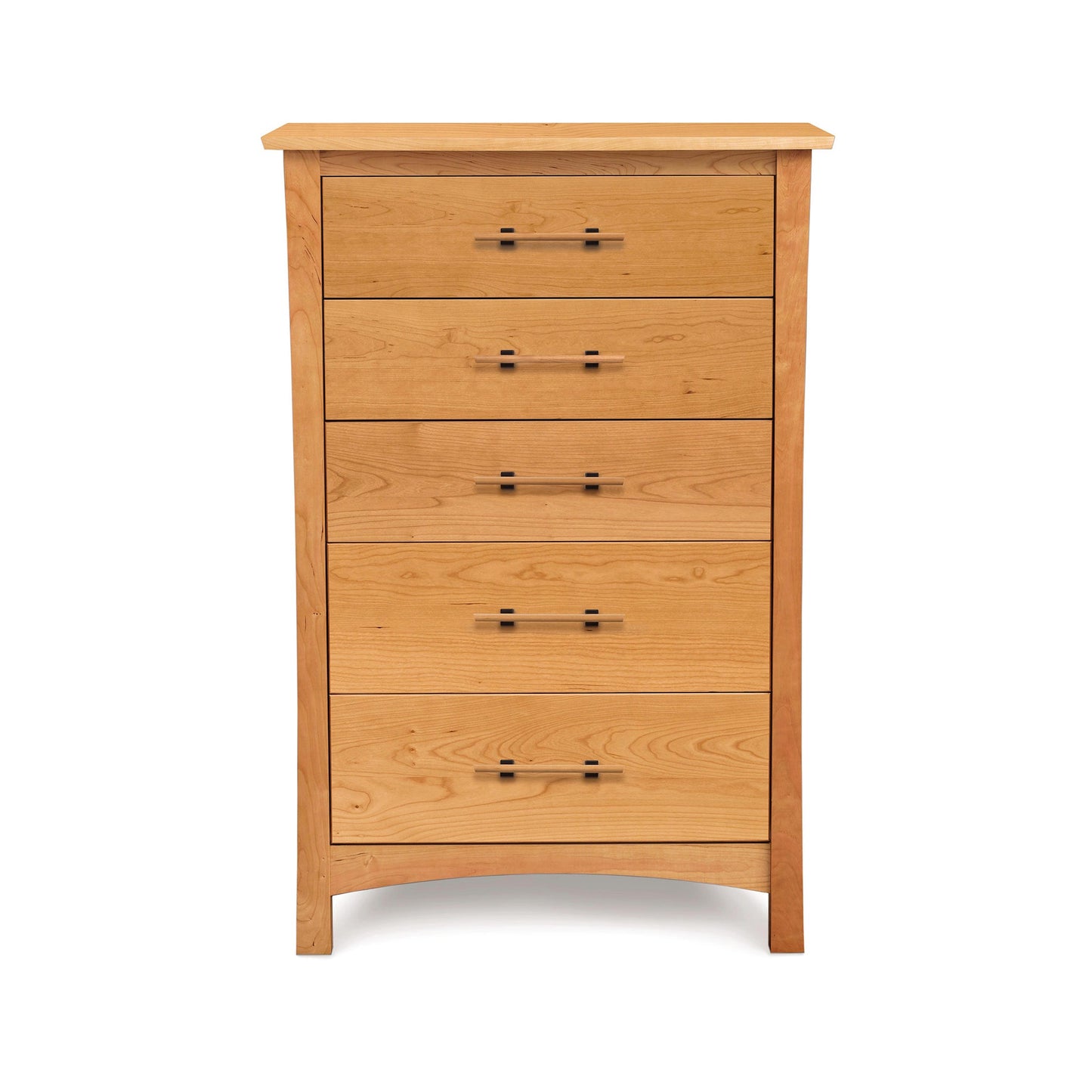 A wooden chest of drawers on a white background.