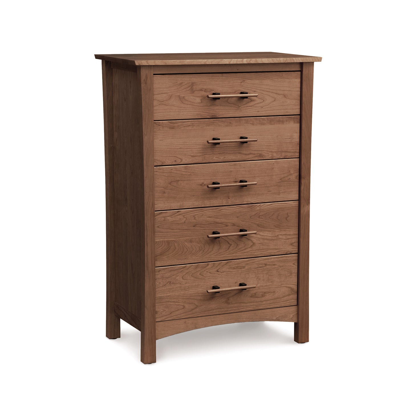 Eco-friendly Monterey 5-Drawer Chest by Copeland Furniture crafted in cherry wood with sleek metal handles and a flat base.