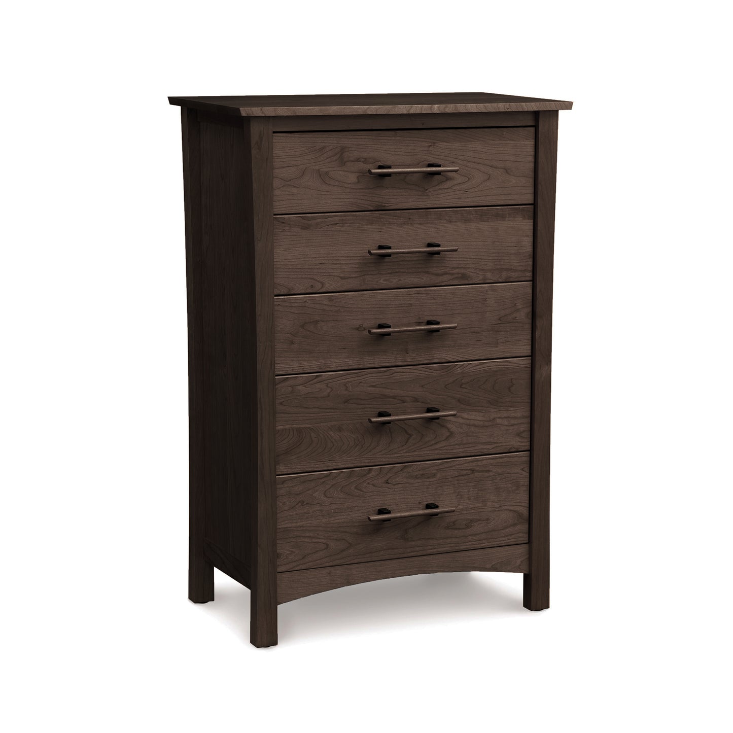 Dark eco-friendly cherrywood Copeland Furniture Monterey 5-Drawer Chest with a distinctive curved base and dual-handle drawers.