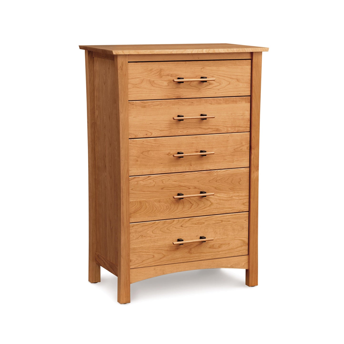 A wooden chest of drawers on a white background.