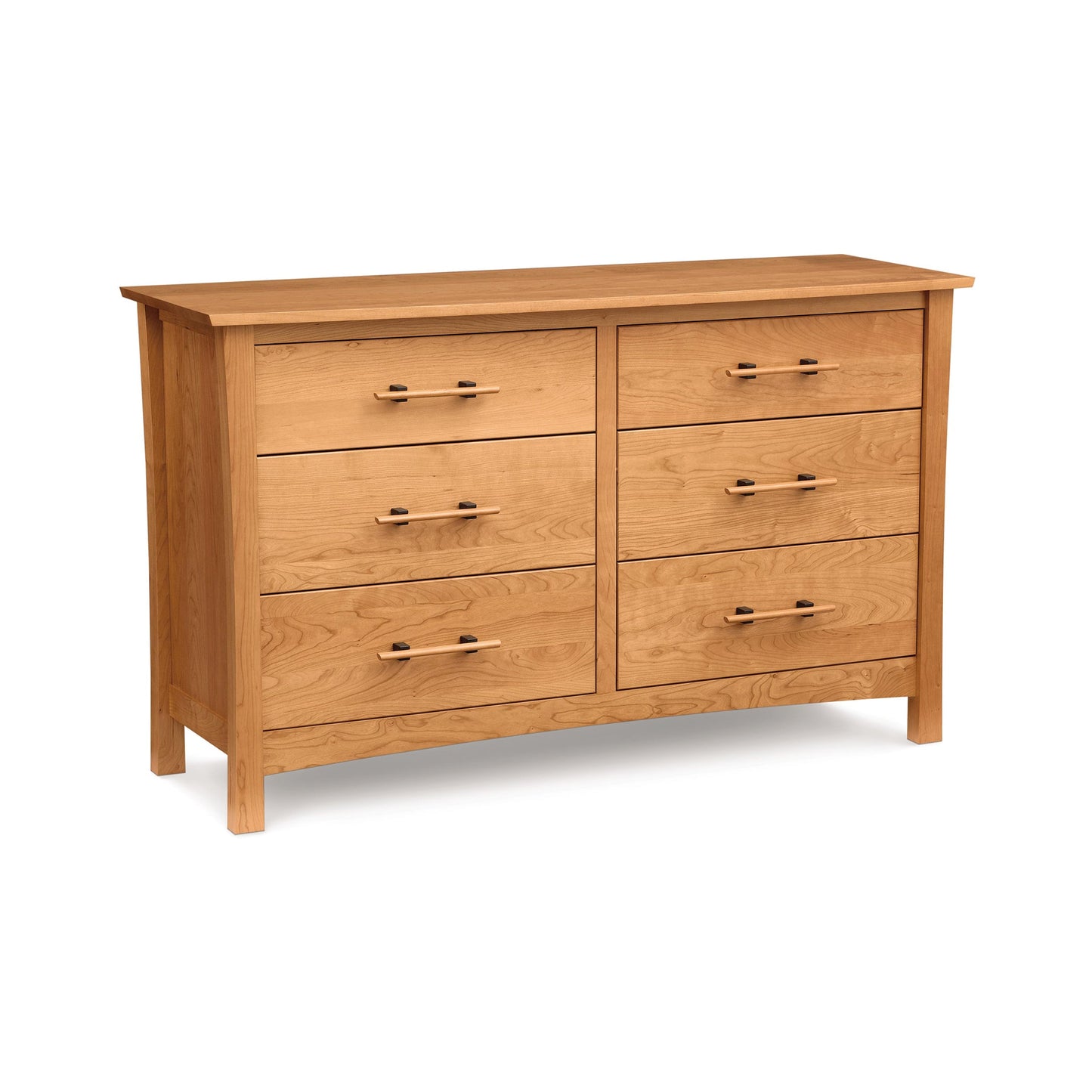 A wooden dresser with drawers on a white background.