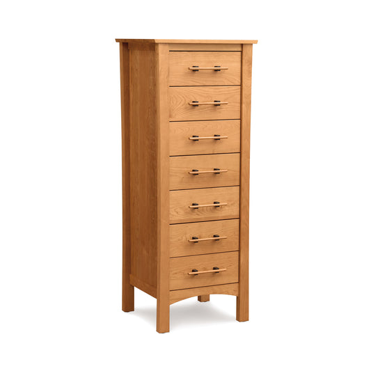 A tall Monterey 7-Drawer Lingerie Chest made of cherry wood, with seven evenly spaced pull-out drawers, positioned against a white background. (Brand: Copeland Furniture)