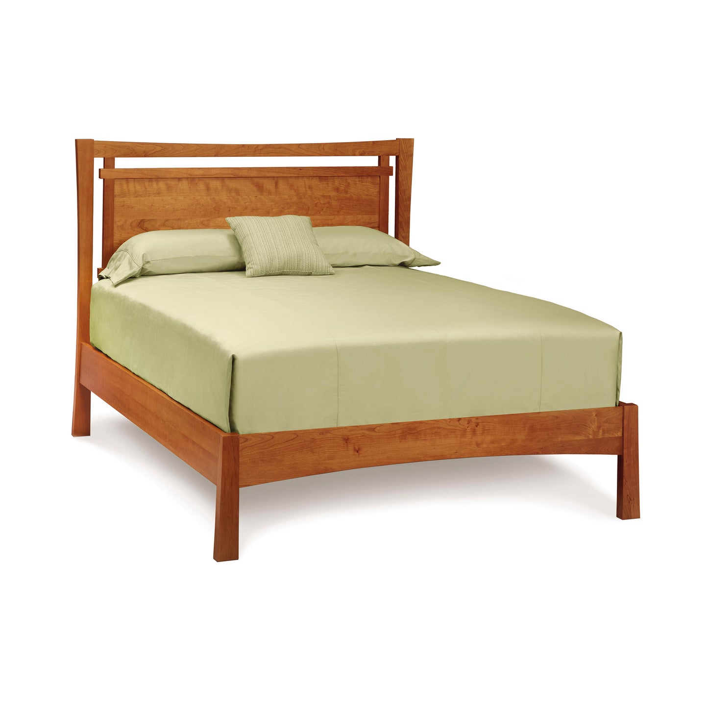 Monterey Platform Bed by Copeland Furniture featuring a sleek wood frame, shown with a light green sheet and pillows.
