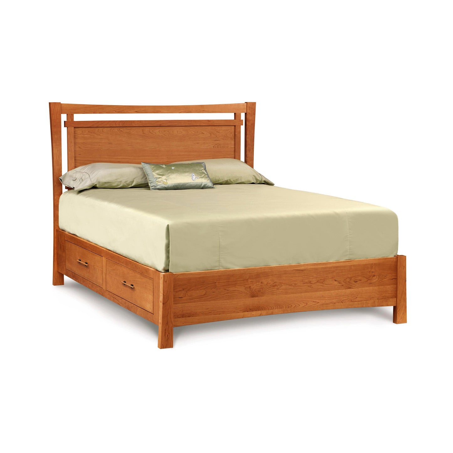 Copeland Monterey Storage Bed crafted from cherry wood with integrated storage drawers and a matching headboard, shown with light green bedding.