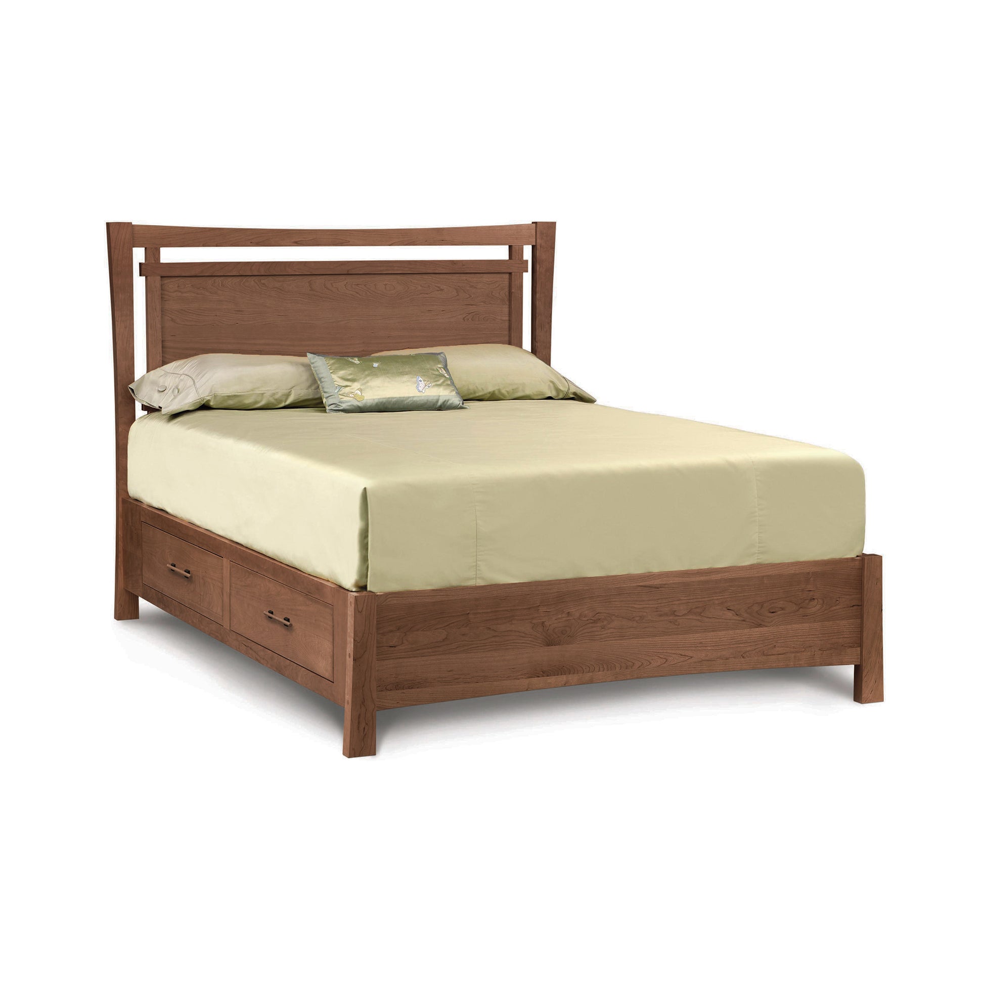 Copeland Furniture Monterey Storage Bed in cherry wood with headboard and two underbed drawers, shown with beige bedding.