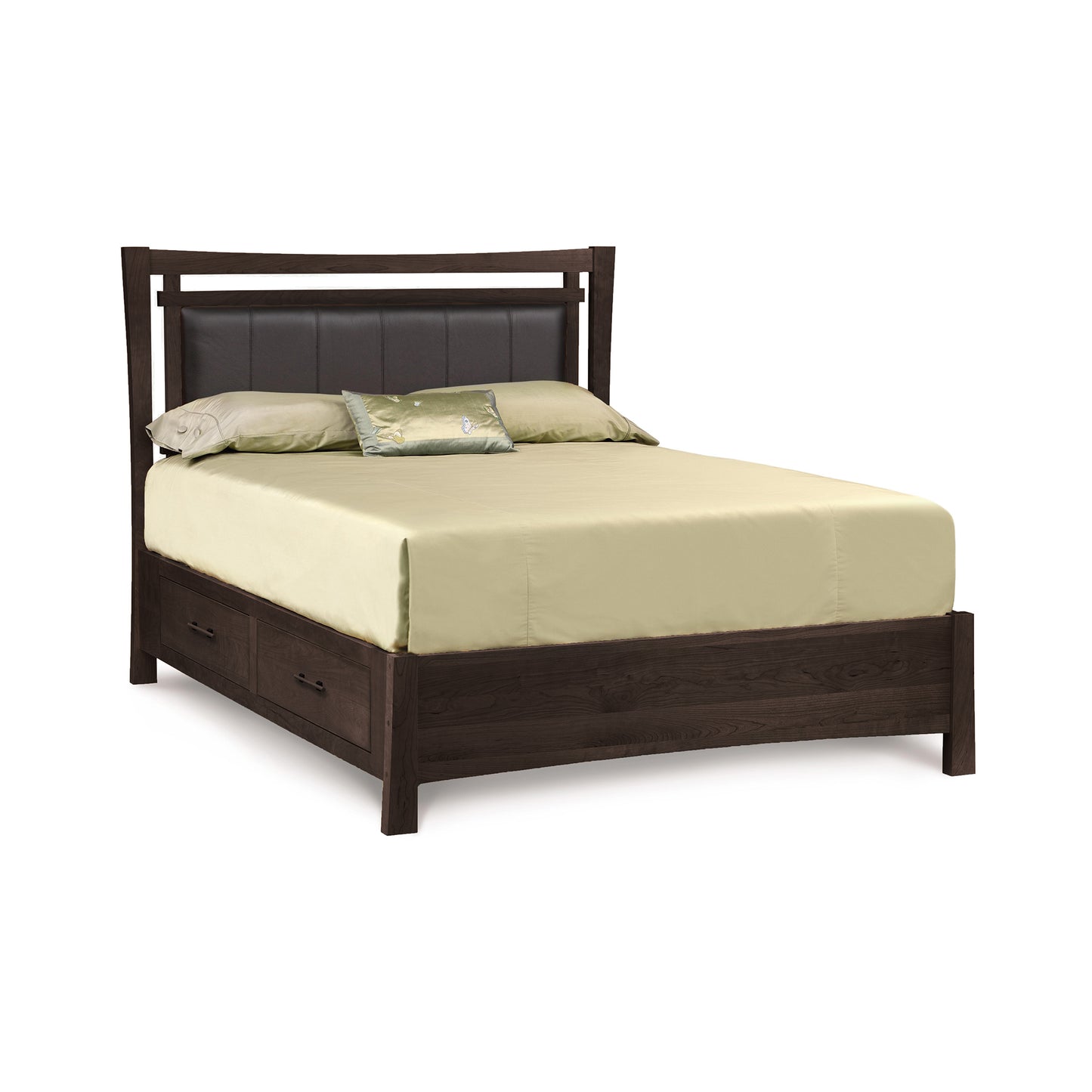 Copeland Furniture Monterey Storage Bed in dark cherry wood with upholstered headboard and built-in underbed storage drawers.