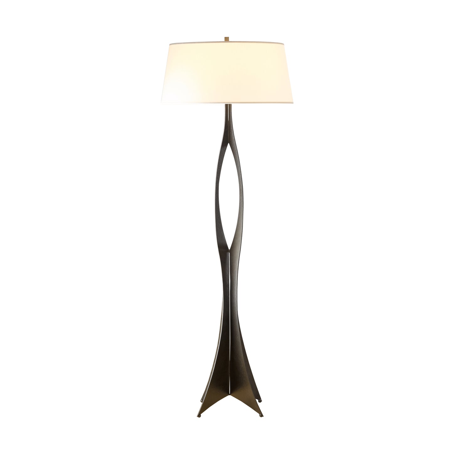 Contemporary Hubbardton Forge Moreau Floor Lamp with bronze curved base, sleek metal finish, and white tapered shade.