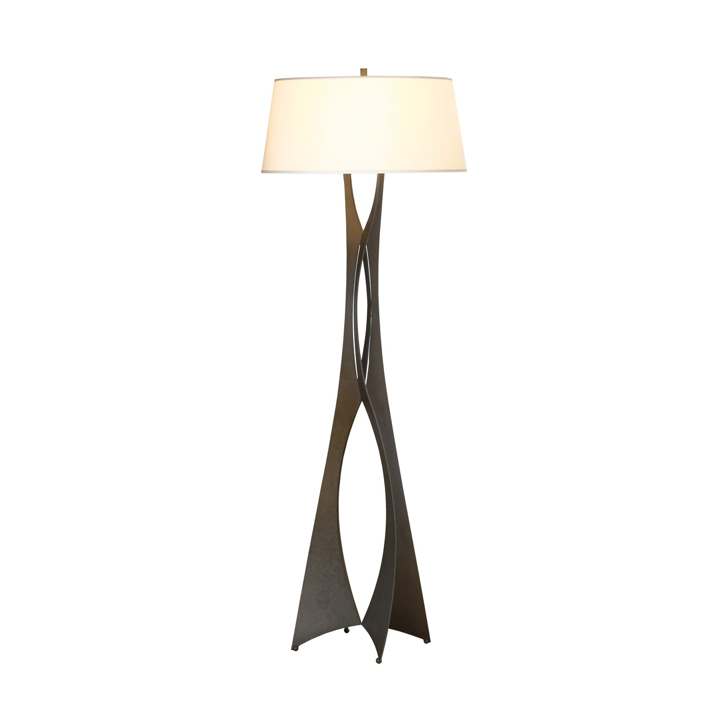 The Moreau Floor Lamp by Hubbardton Forge, featuring a hand-forged metal base and white drum shade, embodies contemporary elegance in American-made furniture.