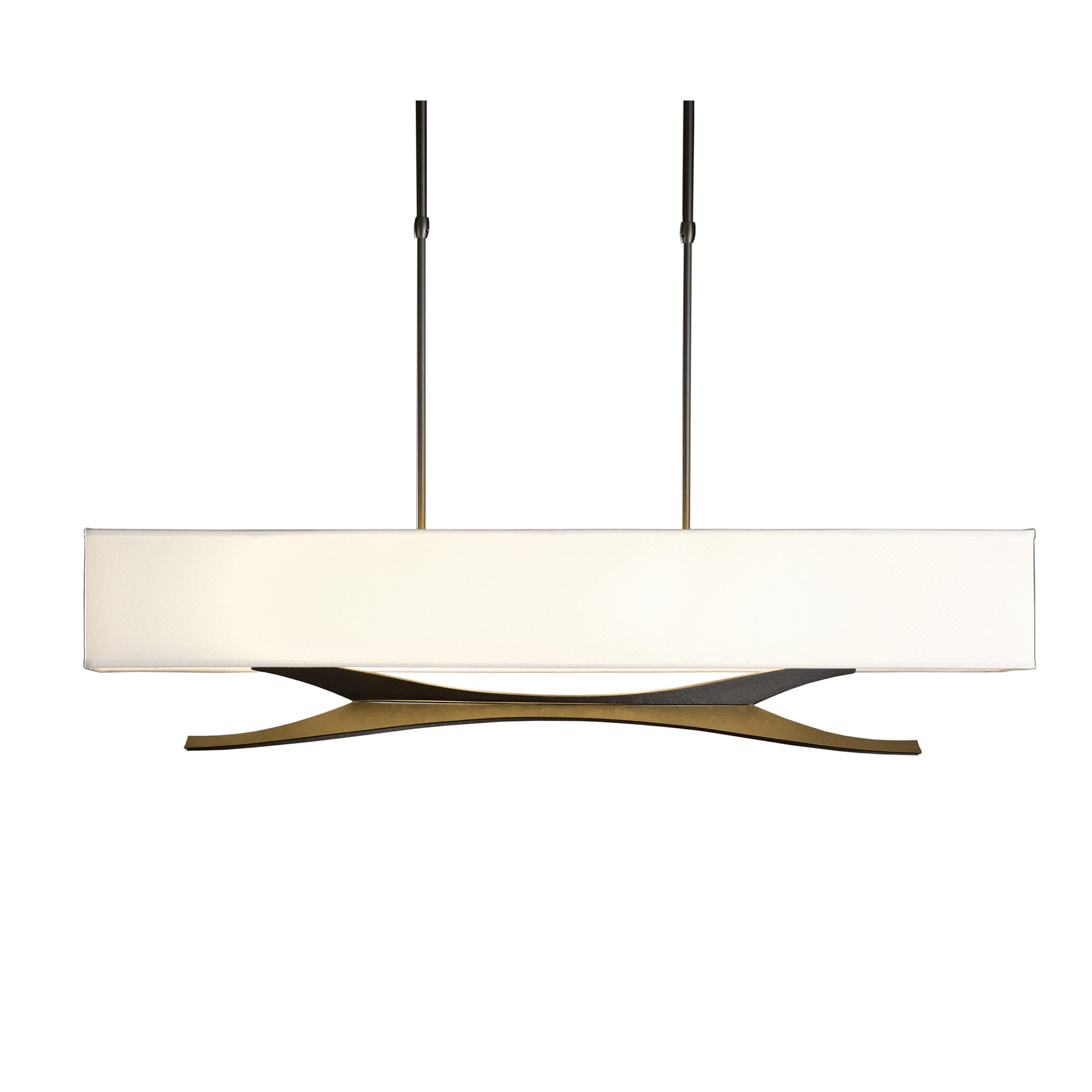 A modern Hubbardton Forge Moreau Pendant light fixture with a sleek, horizontal white shade, suspended by two thin cables, featuring an elegant, curved metallic accent below the shade.