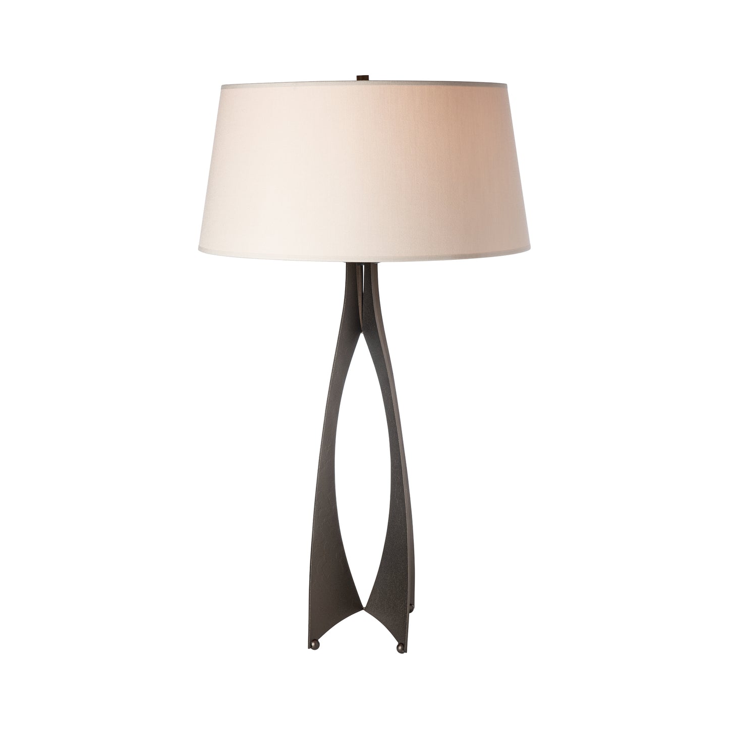 Moreau Table Lamp by Hubbardton Forge with black metal base, off-white shade, and sleek open design.