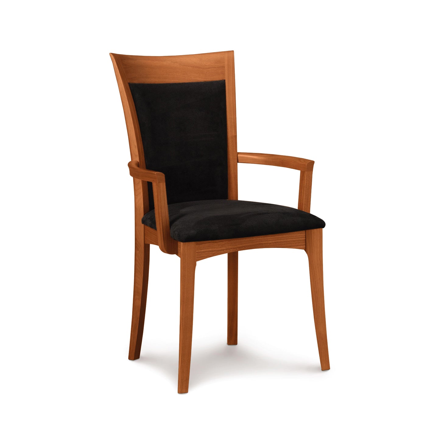 A Morgan Shaker Chair by Copeland Furniture with a black upholstered seat and backrest, isolated on a white background.