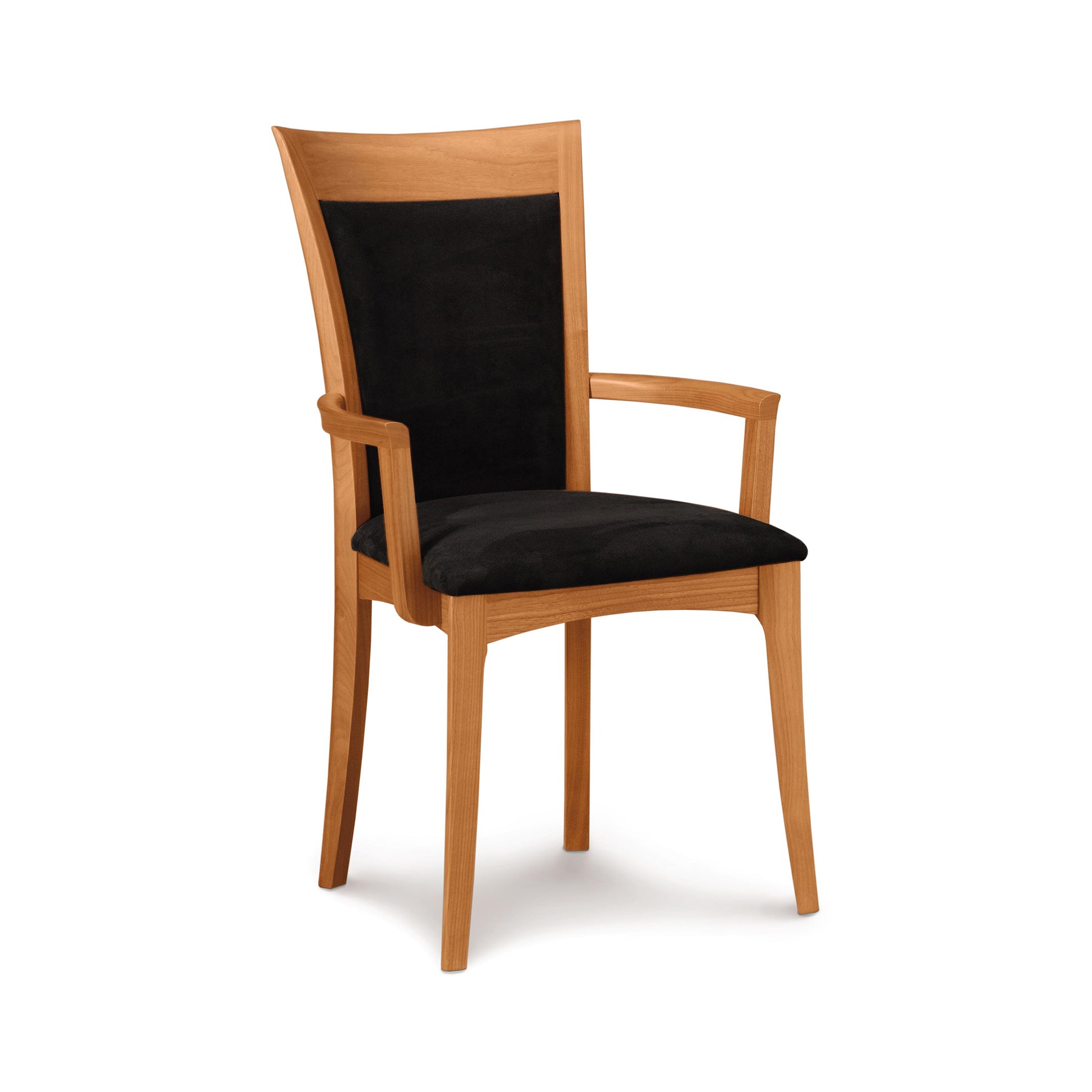 A Copeland Furniture Morgan Shaker Chair with a black upholstered seat and backrest, isolated on a white background.