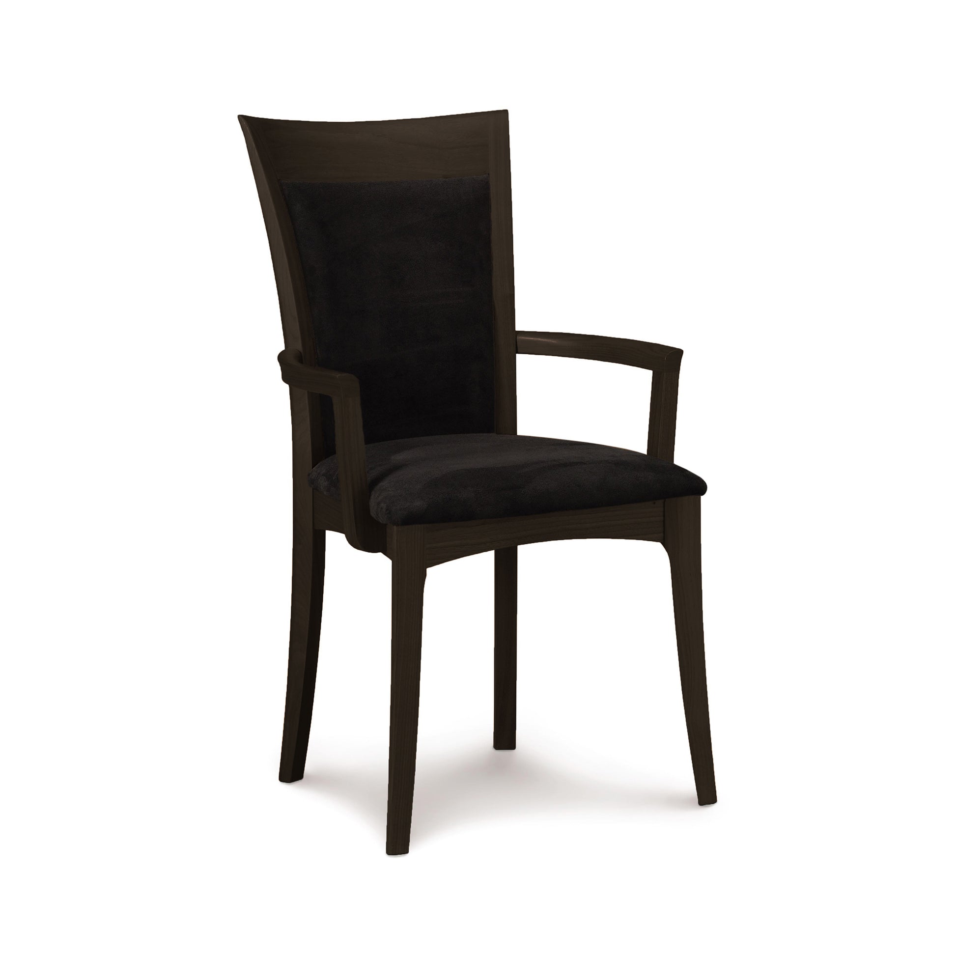 Morgan Shaker Chair by Copeland Furniture features a black wood frame, cushioned seat, straight legs, and elegantly curved armrests.