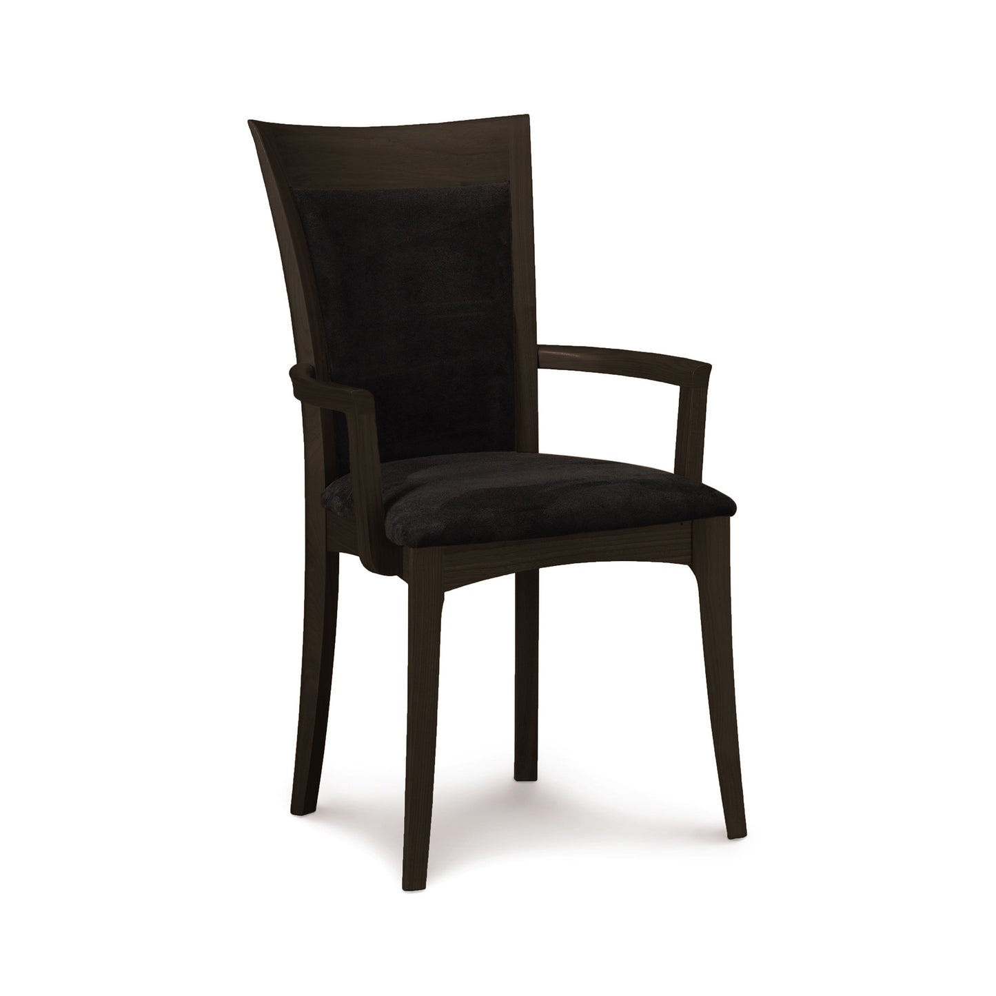 Morgan Shaker Chair by Copeland Furniture features a black wood frame, cushioned seat, straight legs, and elegantly curved armrests.